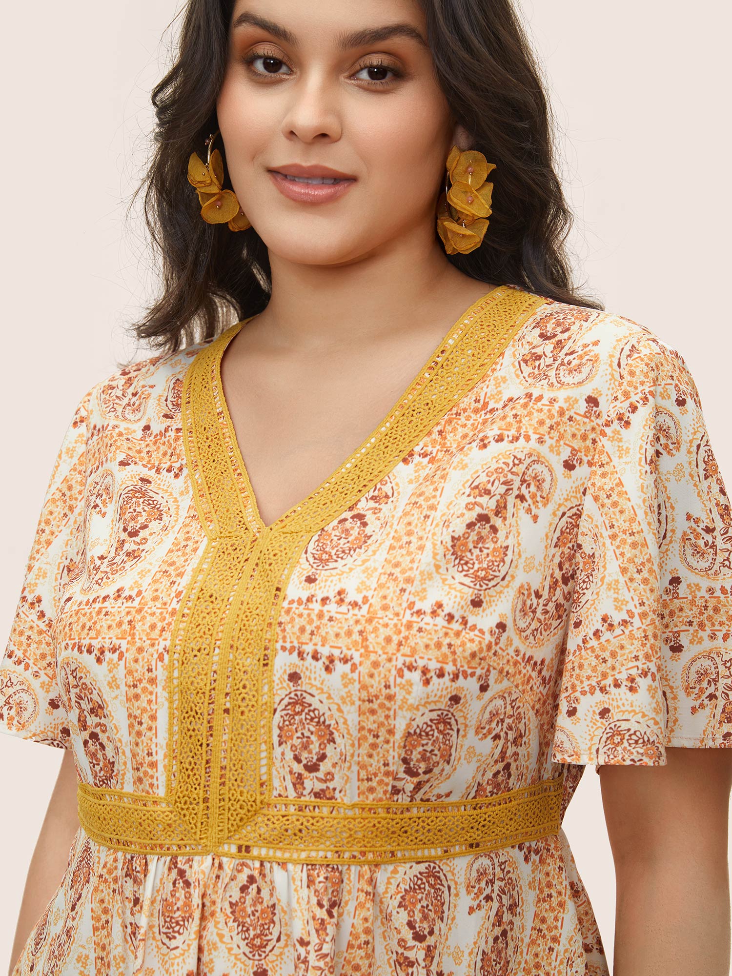 Plus Size Orange Boho Print Lace Trim Gathered Blouse Women Resort Short sleeve V-neck Vacation Blouses BloomChic 14-16/1X 