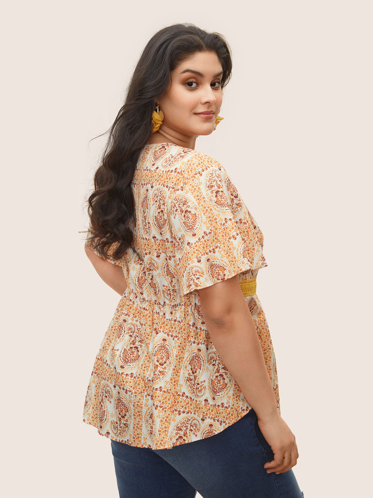 Plus Size Orange Boho Print Lace Trim Gathered Blouse Women Resort Short sleeve V-neck Vacation Blouses BloomChic 14-16/1X 