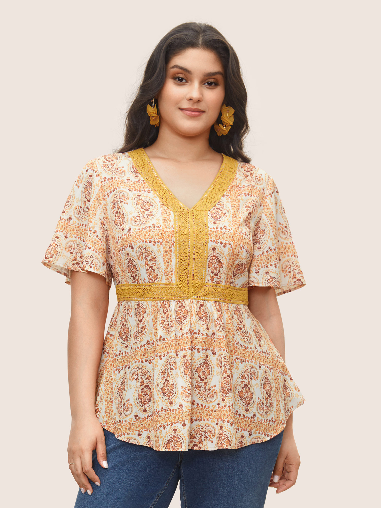 

Plus Size Orange Boho Print Lace Trim Gathered Blouse Women Resort Short sleeve V-neck Vacation Blouses BloomChic