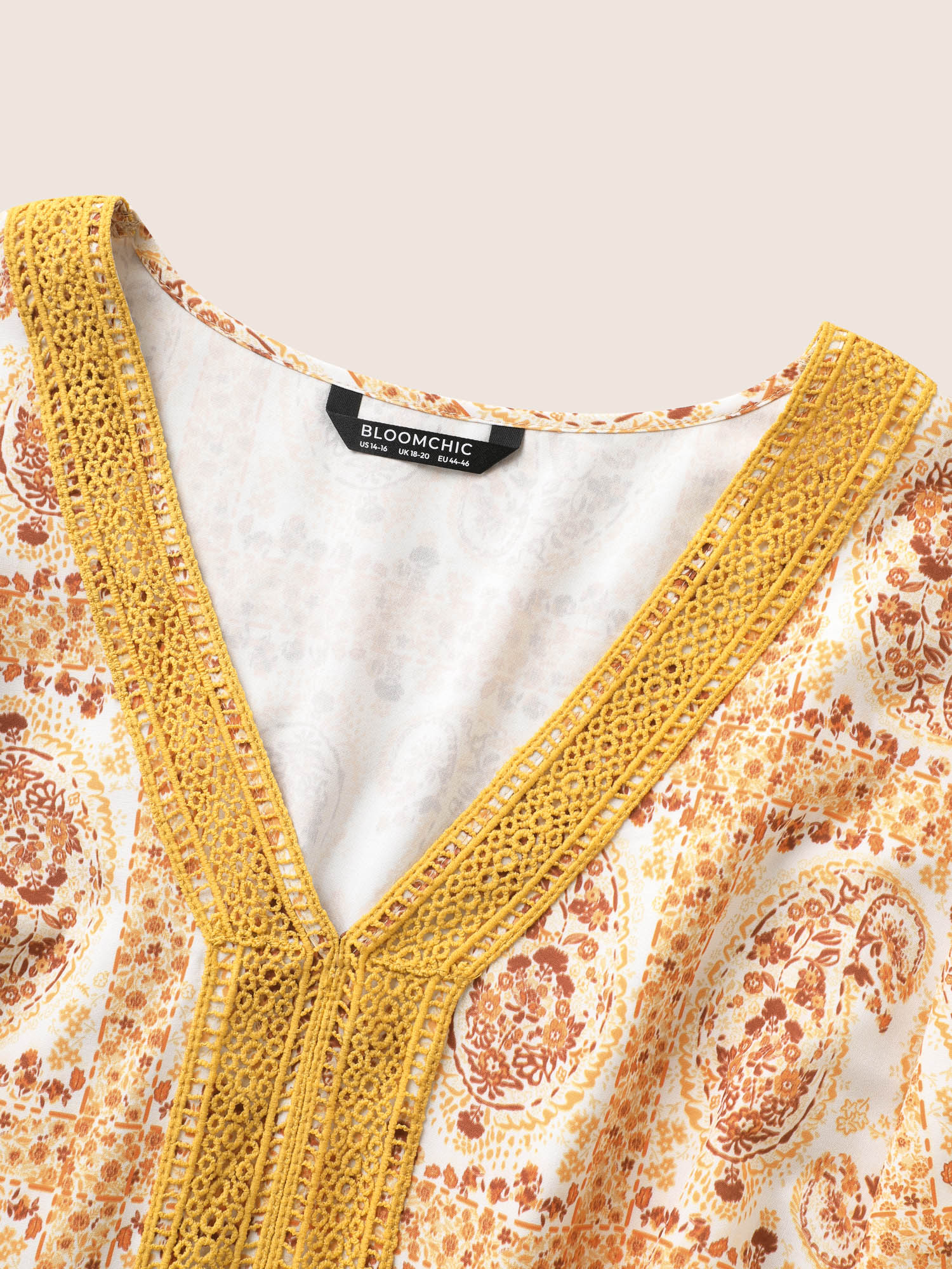 Plus Size Orange Boho Print Lace Trim Gathered Blouse Women Resort Short sleeve V-neck Vacation Blouses BloomChic 14-16/1X 