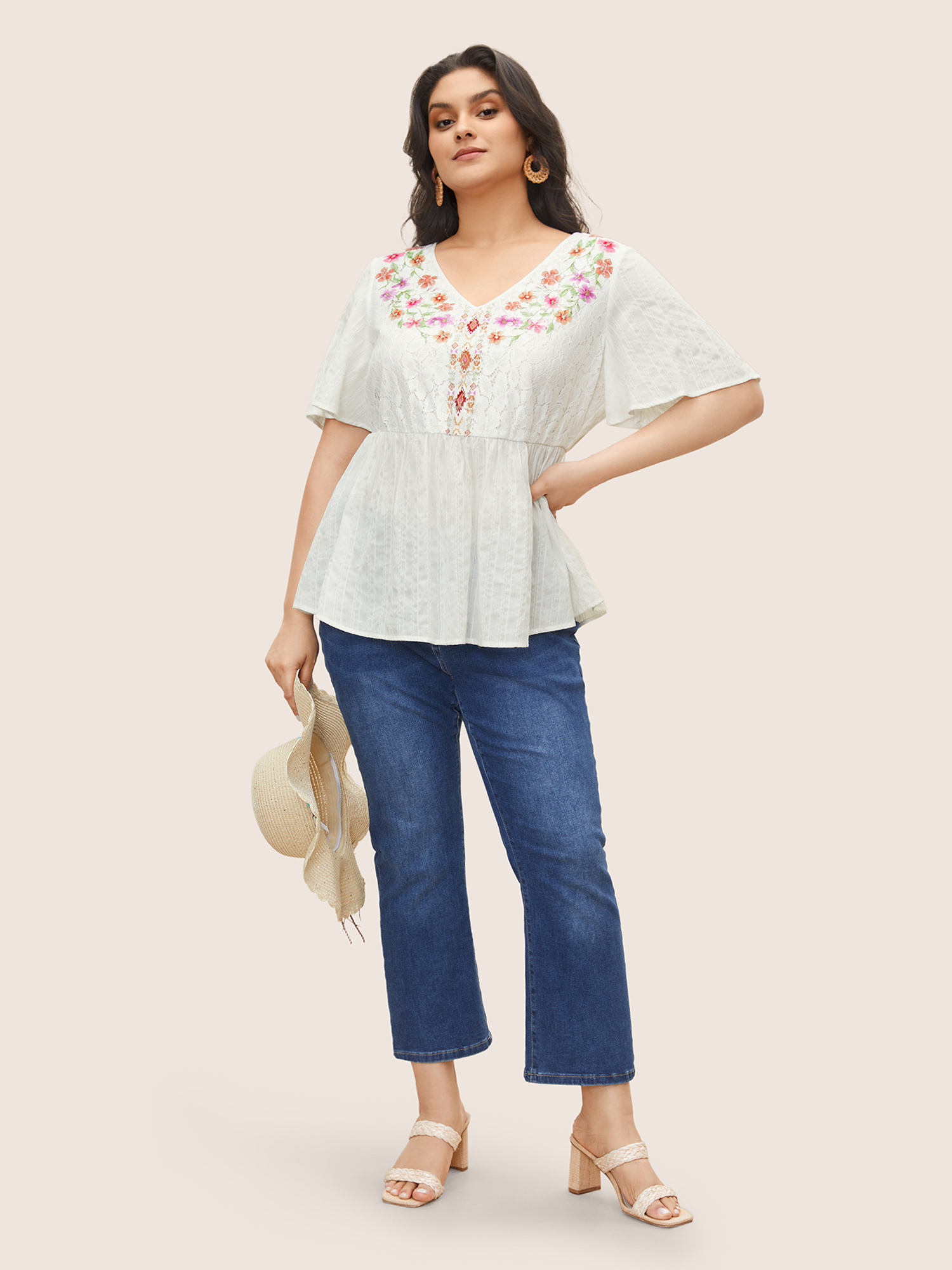 Plus Size White Floral Texture Ruffle Sleeve Gathered Blouse Women Resort Short sleeve V-neck Vacation Blouses BloomChic 14-16/1X 