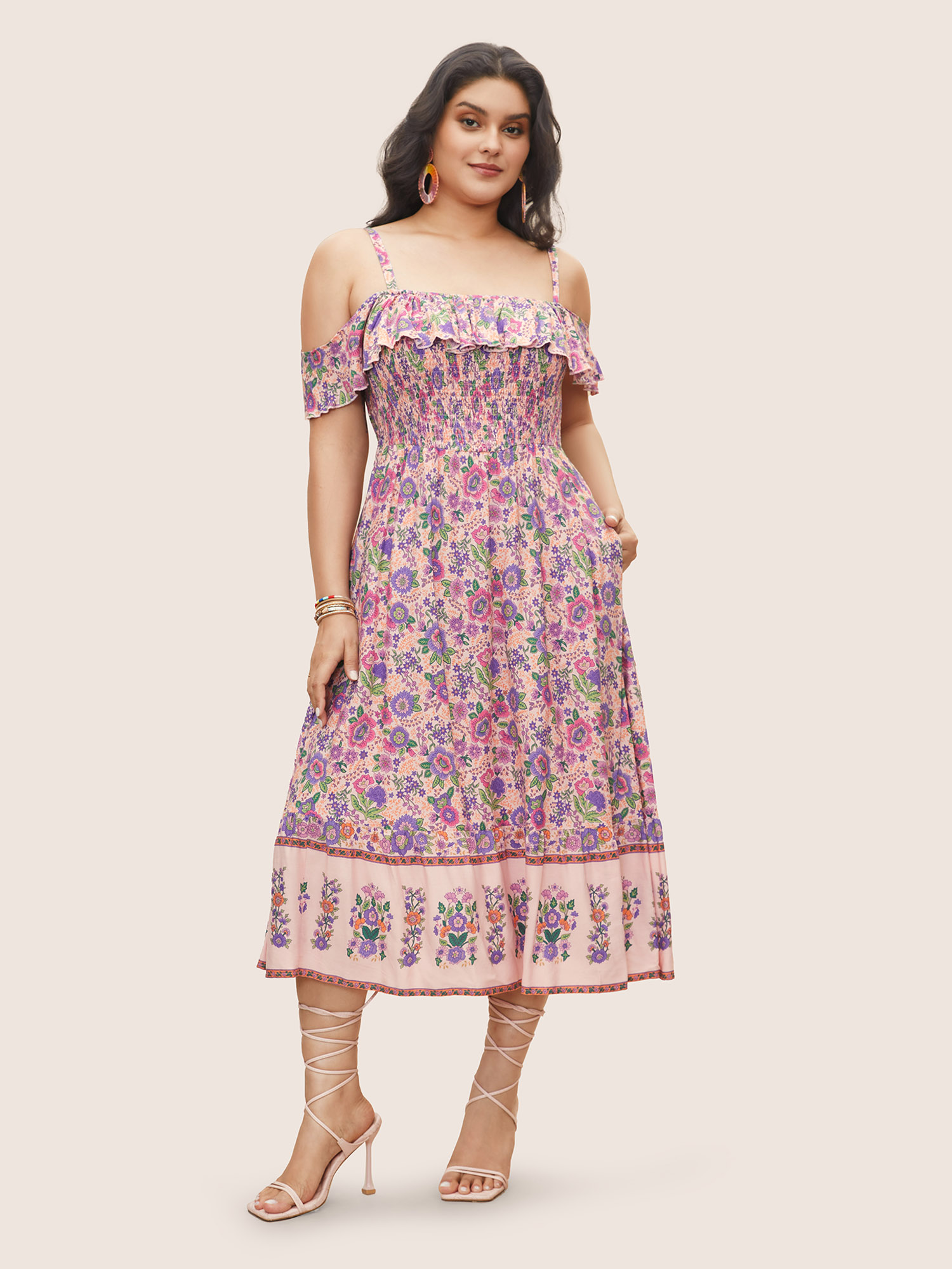 Plus Size Floral Cold Shoulder Ruffles Shirred Dress Pink Women Shirred Curvy Midi Dress BloomChic 26/4X 