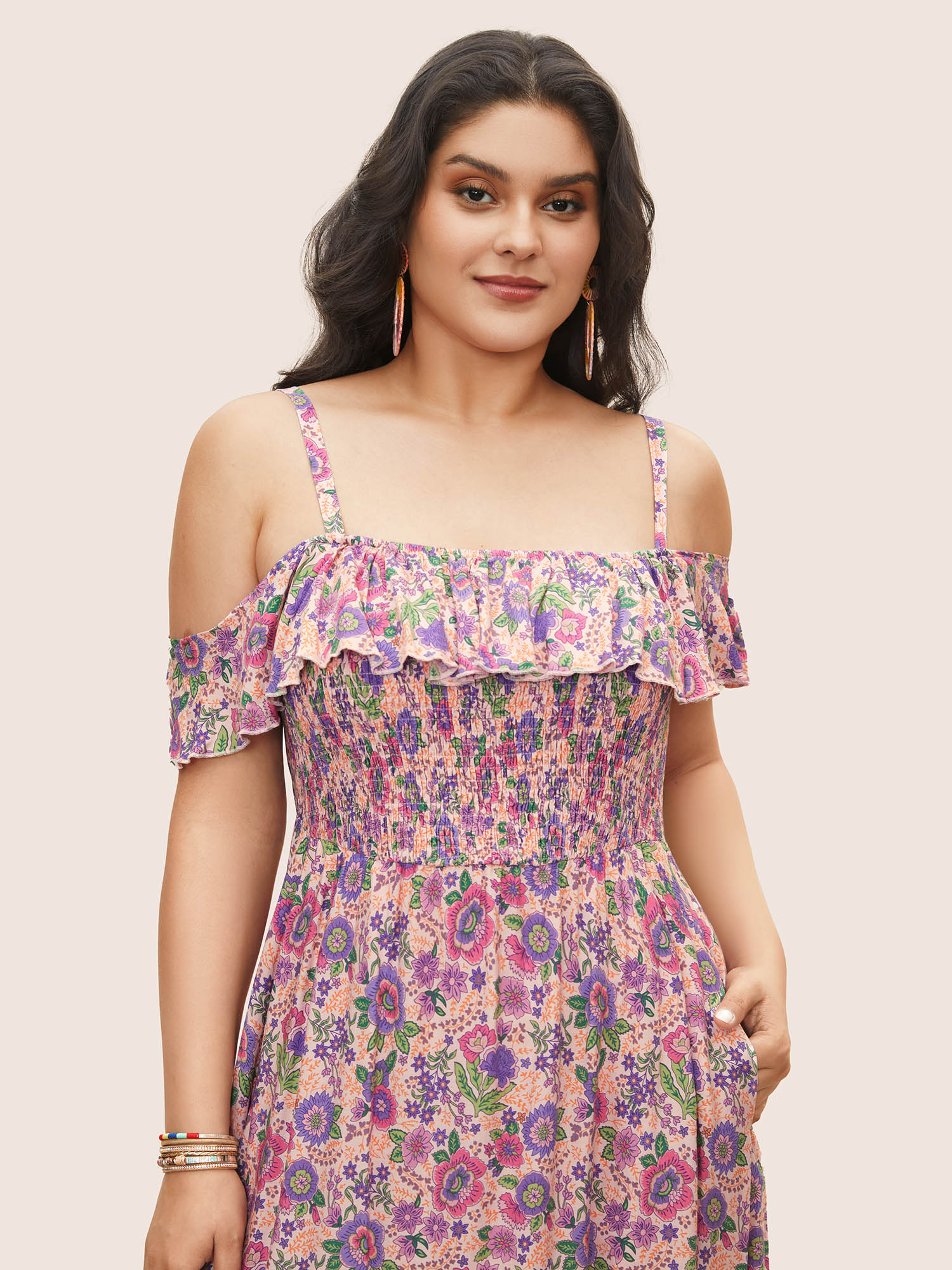 Plus Size Floral Cold Shoulder Ruffles Shirred Dress Pink Women Shirred Curvy Midi Dress BloomChic 26/4X 