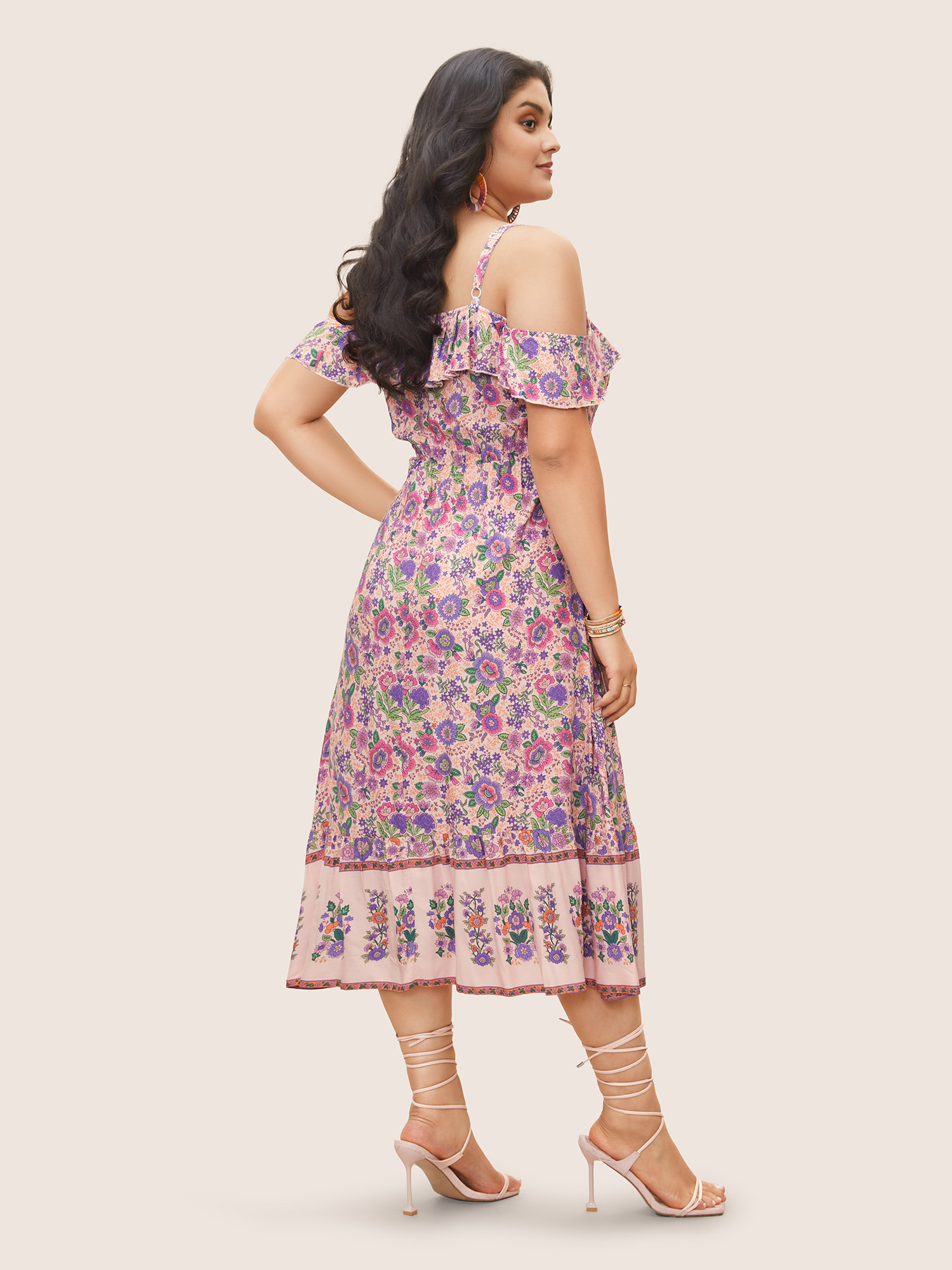 Plus Size Floral Cold Shoulder Ruffles Shirred Dress Pink Women Shirred Curvy Midi Dress BloomChic 26/4X 