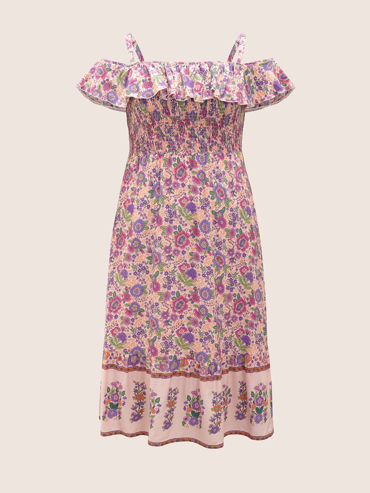 Plus Size Floral Cold Shoulder Ruffles Shirred Dress Pink Women Shirred Curvy Midi Dress BloomChic 26/4X 