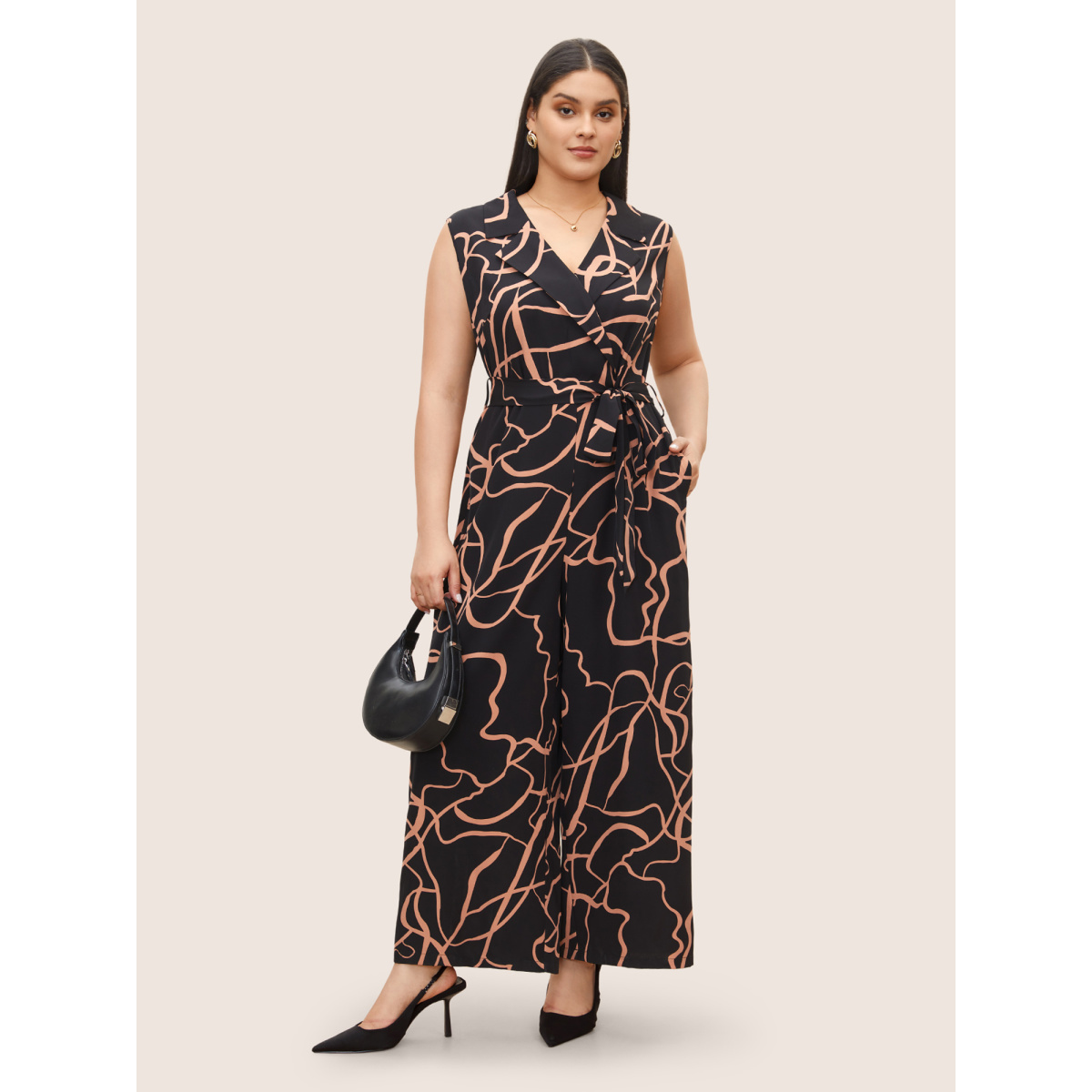 

Plus Size Black Abstract Print Suit Collar Belted Jumpsuit Women At the Office Work Loose Jumpsuits BloomChic