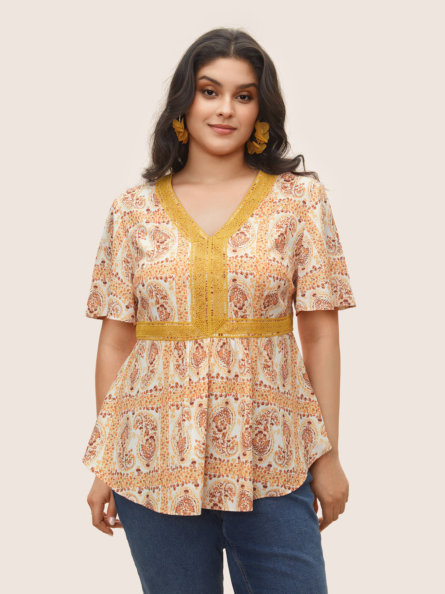 Plus Size Orange Boho Print Lace Trim Gathered Blouse Women Resort Short sleeve V-neck Vacation Blouses BloomChic 14-16/1X 