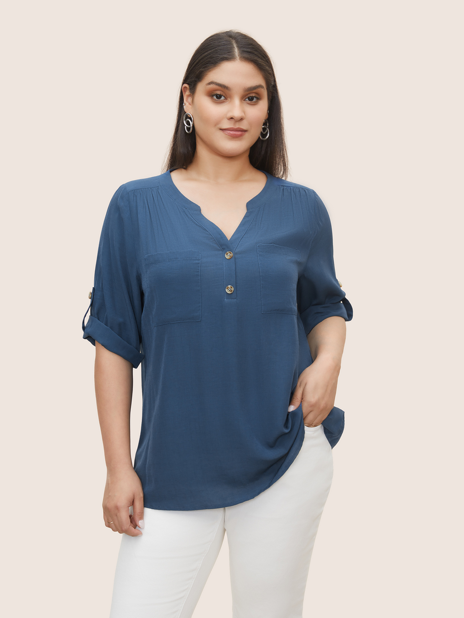 

Plus Size Aegean Stretchy Woven Patched Pocket Tab Sleeve Blouse Women Work From Home Elbow-length sleeve Flat collar with V-notch Work Blouses BloomChic