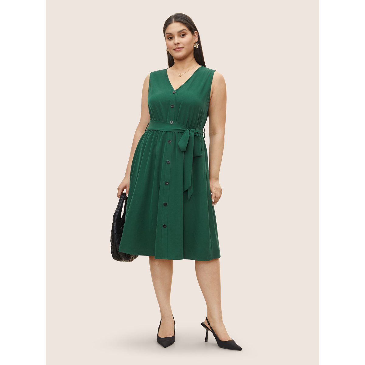 

Plus Size Plain Textured Button Detail Belted Tank Dress Emerald Women Curvy BloomChic