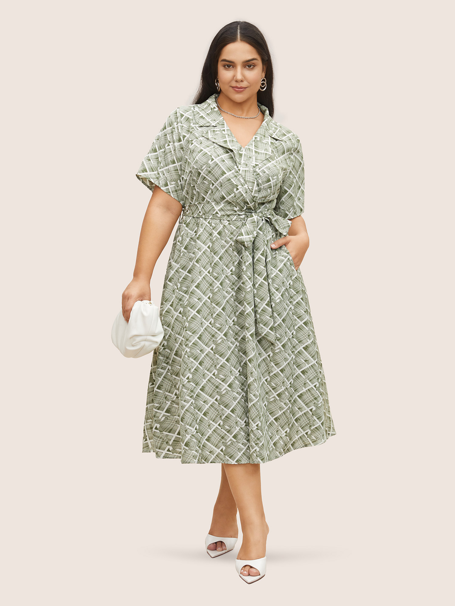 

Plus Size Geometric Suit Collar Button Up Belted Dress Sage Women Belted Curvy Midi Dress BloomChic