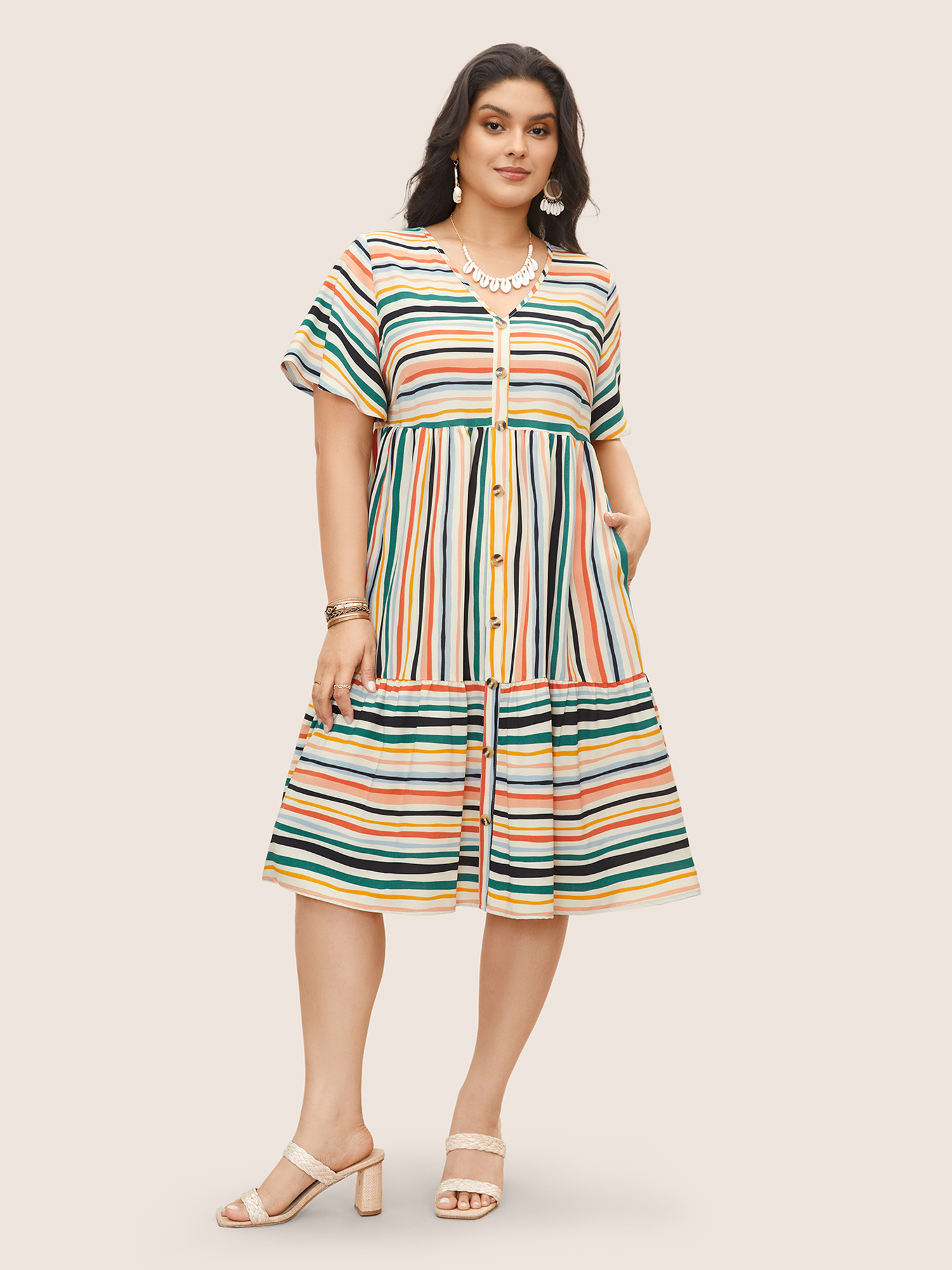 

Plus Size Colored Stripes Button Detail Patchwork Ruffle Sleeve Dress Multicolor Women Resort Patchwork V-neck Short sleeve Curvy Midi Dress BloomChic