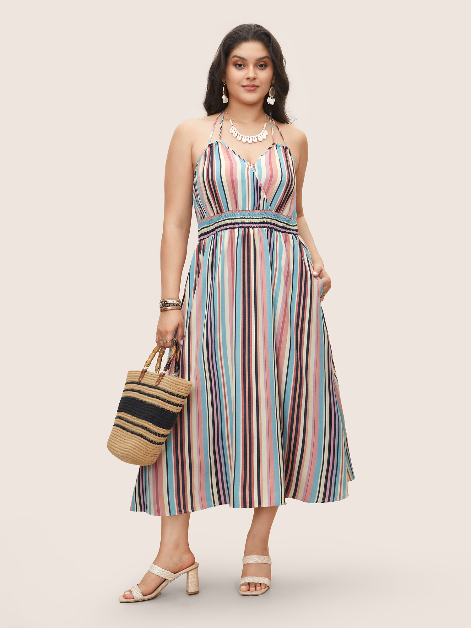 Plus Size Colored Striped Halter Neck Shirred Wrap Dress Multicolor Women Resort Shirred Halter neck Sleeveless Curvy Midi Dress BloomChic 18-20/2X 