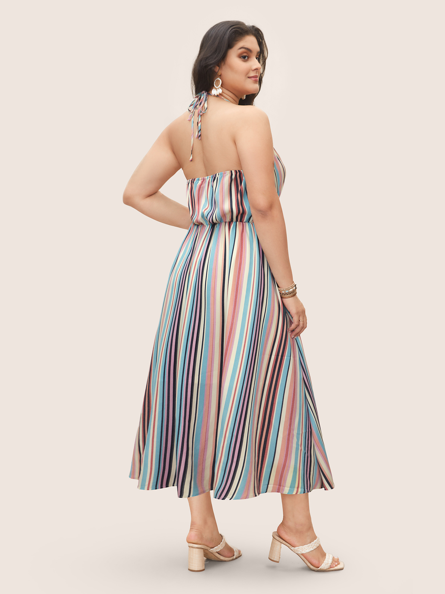 Plus Size Colored Striped Halter Neck Shirred Wrap Dress Multicolor Women Resort Shirred Halter neck Sleeveless Curvy Midi Dress BloomChic 18-20/2X 