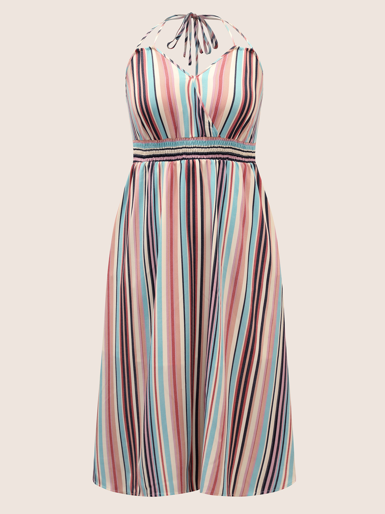 Plus Size Colored Striped Halter Neck Shirred Wrap Dress Multicolor Women Resort Shirred Halter neck Sleeveless Curvy Midi Dress BloomChic 18-20/2X 