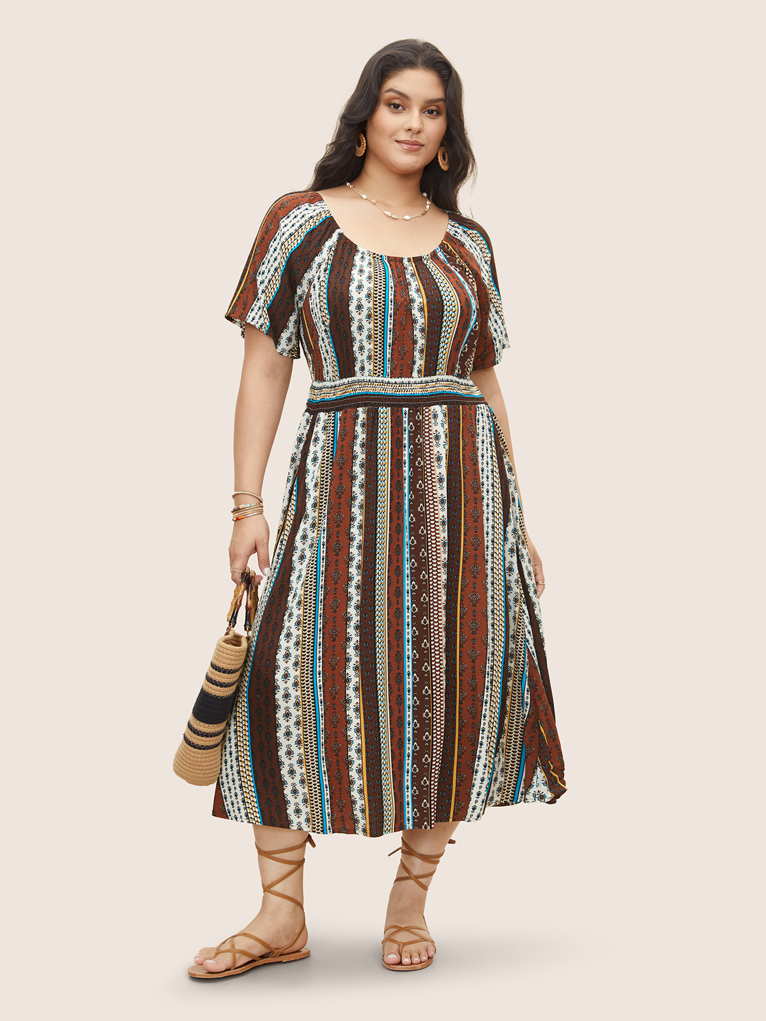 

Plus Size Bandana Striped Shirred Raglan Sleeve Dress Multicolor Women Resort Shirred U-neck Short sleeve Curvy Midi Dress BloomChic