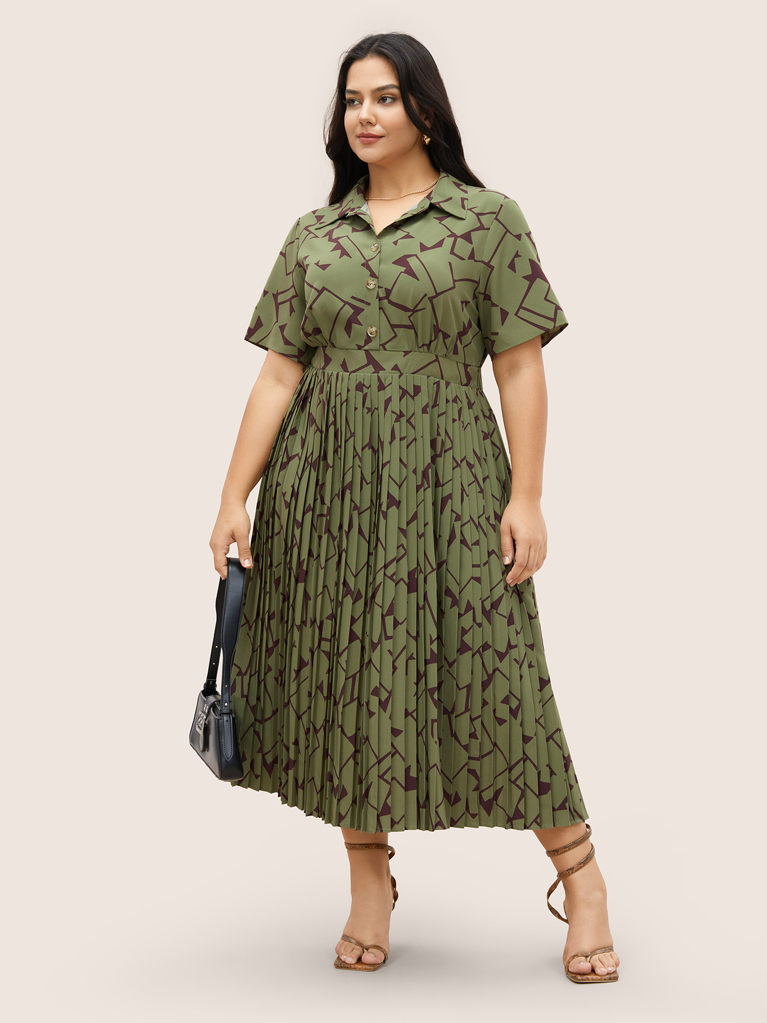 Plus Size Shirt Collar Geometric Button Up Pleated Dress Moss Women Pleated Shirt collar Short sleeve Curvy Midi Dress BloomChic 30/6X 