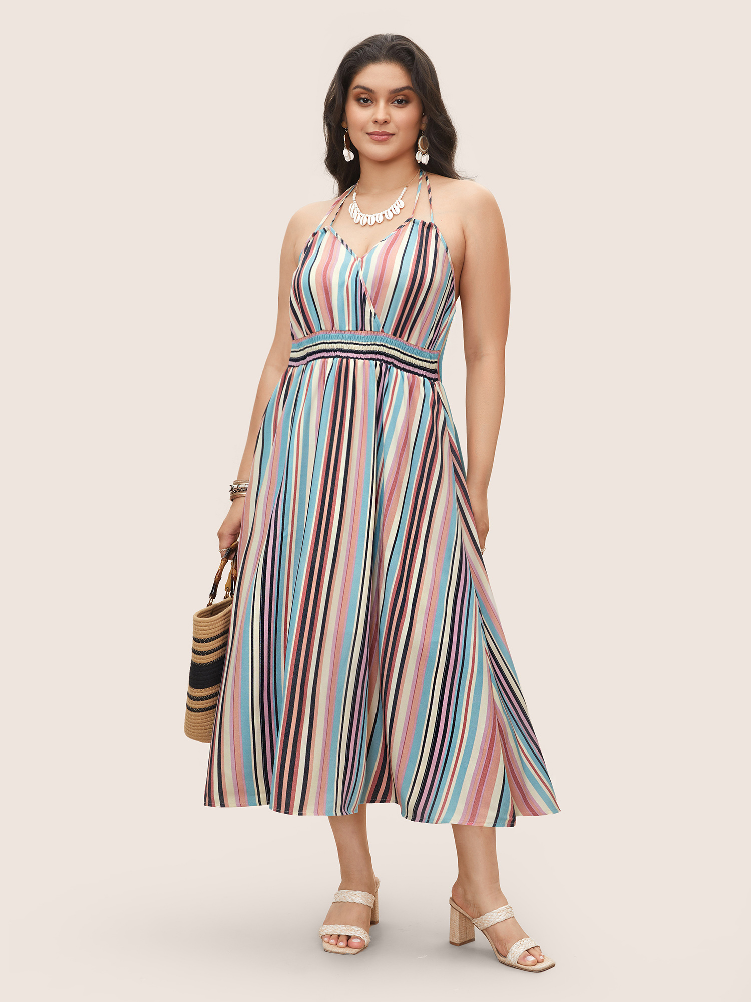 

Plus Size Colored Striped Halter Neck Shirred Wrap Dress Multicolor Women Shirred Curvy Midi Dress BloomChic