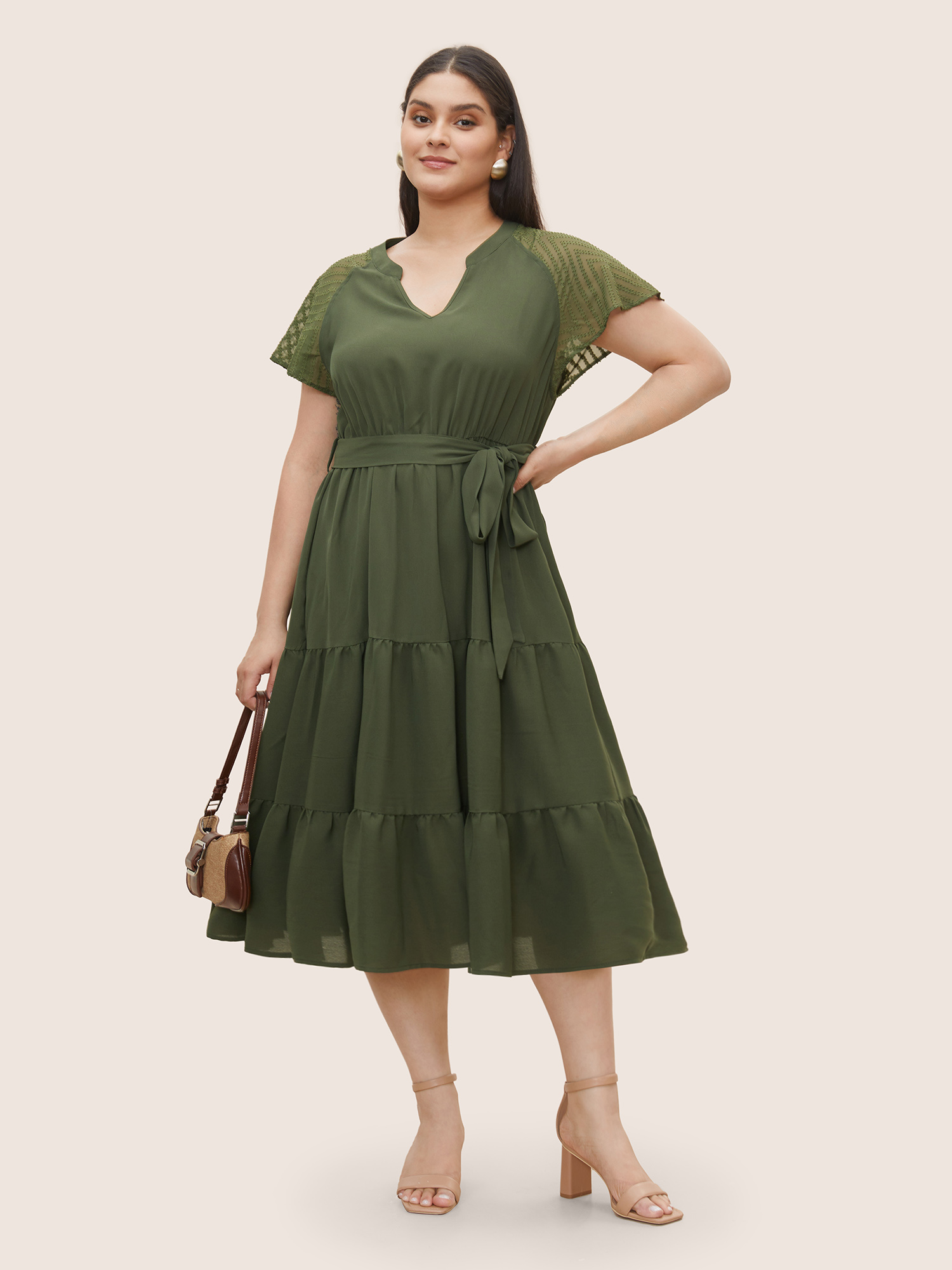 

Plus Size Texture Patchwork See Through Raglan Sleeve Dress ArmyGreen Women At the Office Texture Flat collar with V-notch Short sleeve Curvy Midi Dress BloomChic