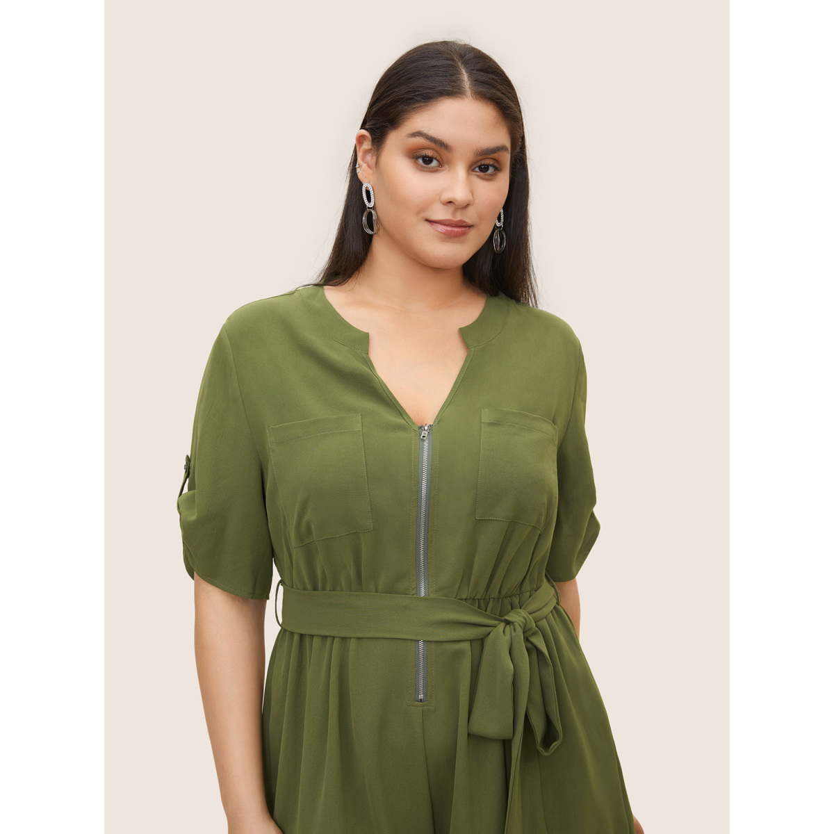 

Plus Size Moss Solid Half Zip Belted Tab Sleeve Jumpsuit Women At the Office Work Loose Jumpsuits BloomChic