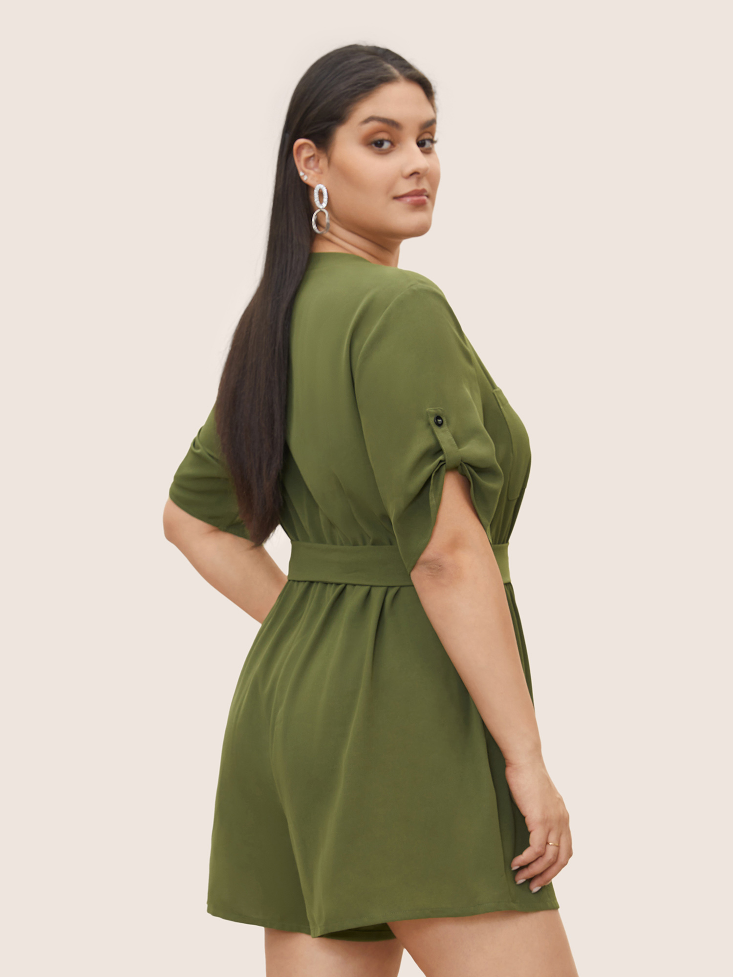 Plus Size Moss Solid Half Zip Belted Tab Sleeve Jumpsuit Women At the Office Work Loose Jumpsuits BloomChic 22-24/3X 