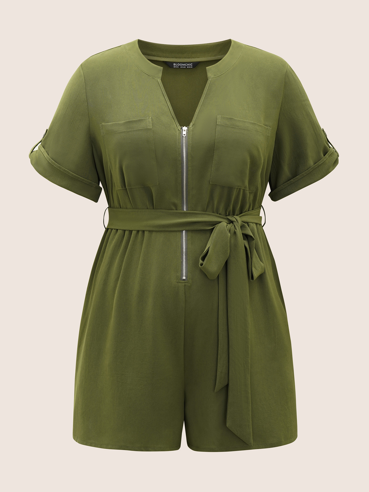 Plus Size Moss Solid Half Zip Belted Tab Sleeve Jumpsuit Women At the Office Work Loose Jumpsuits BloomChic 22-24/3X 