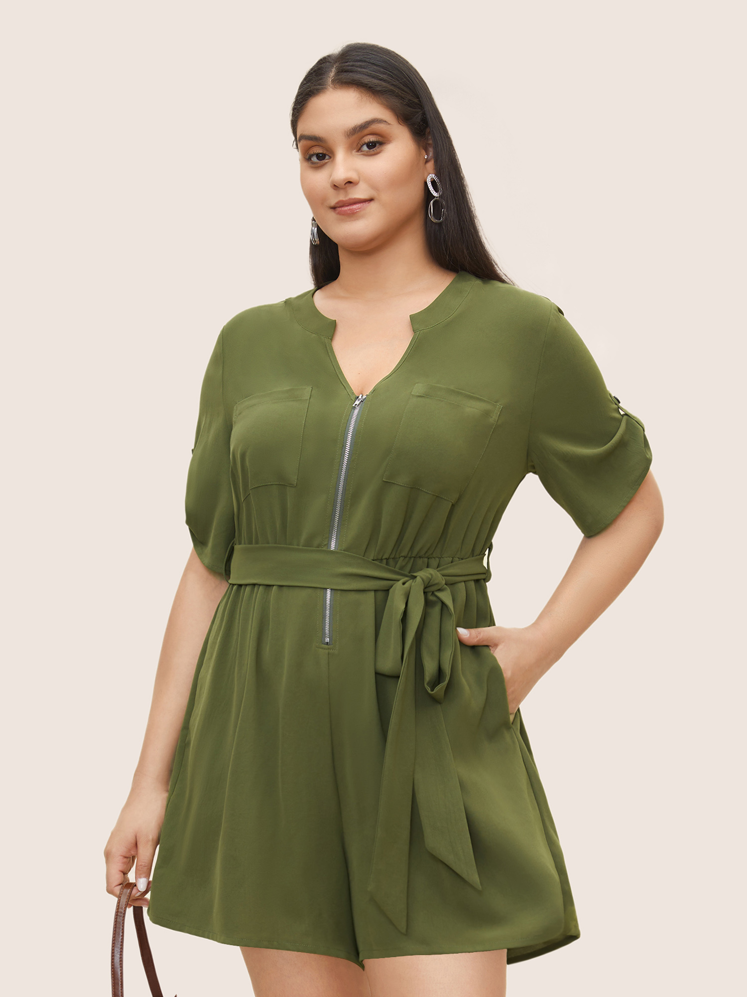 Plus Size Moss Solid Half Zip Belted Tab Sleeve Jumpsuit Women At the Office Work Loose Jumpsuits BloomChic 22-24/3X 