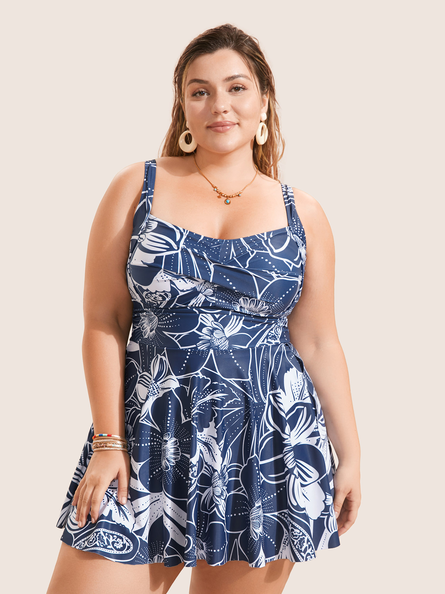 

Plus Size Natural Flowers Heart Neckline Twist Swim Dress Women's Swimwear Indigo Beach Bodycon Heart neckline High stretch Curve Swim Dresses BloomChic