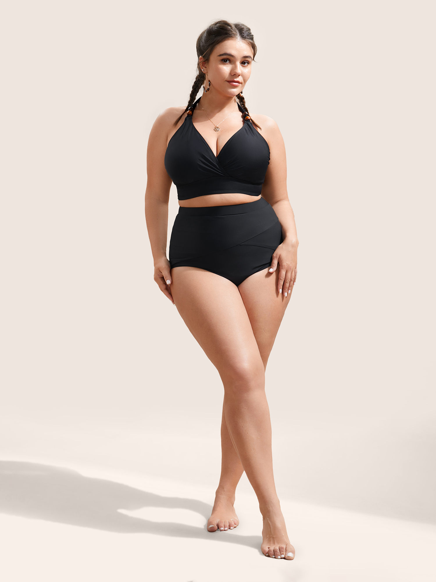 Plus Size Plain V Neck High Stretch Tie Knot Swim Top Women`s Swimwear Black Beach Tie knot High stretch Skinny Overlap Collar Curve Swim Tops BloomChic 14-16/1X 