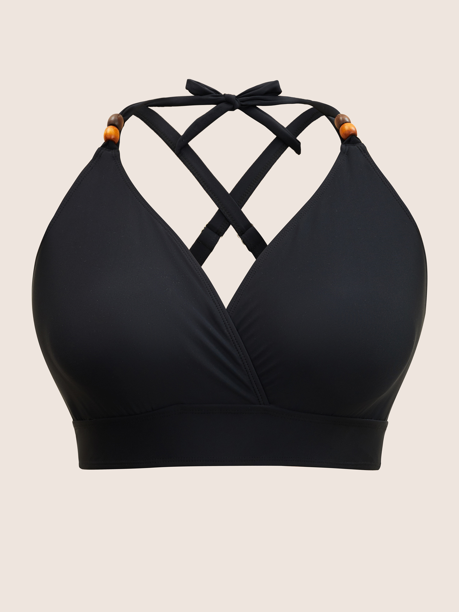 Plus Size Plain V Neck High Stretch Tie Knot Swim Top Women`s Swimwear Black Beach Tie knot High stretch Skinny Overlap Collar Curve Swim Tops BloomChic 14-16/1X 