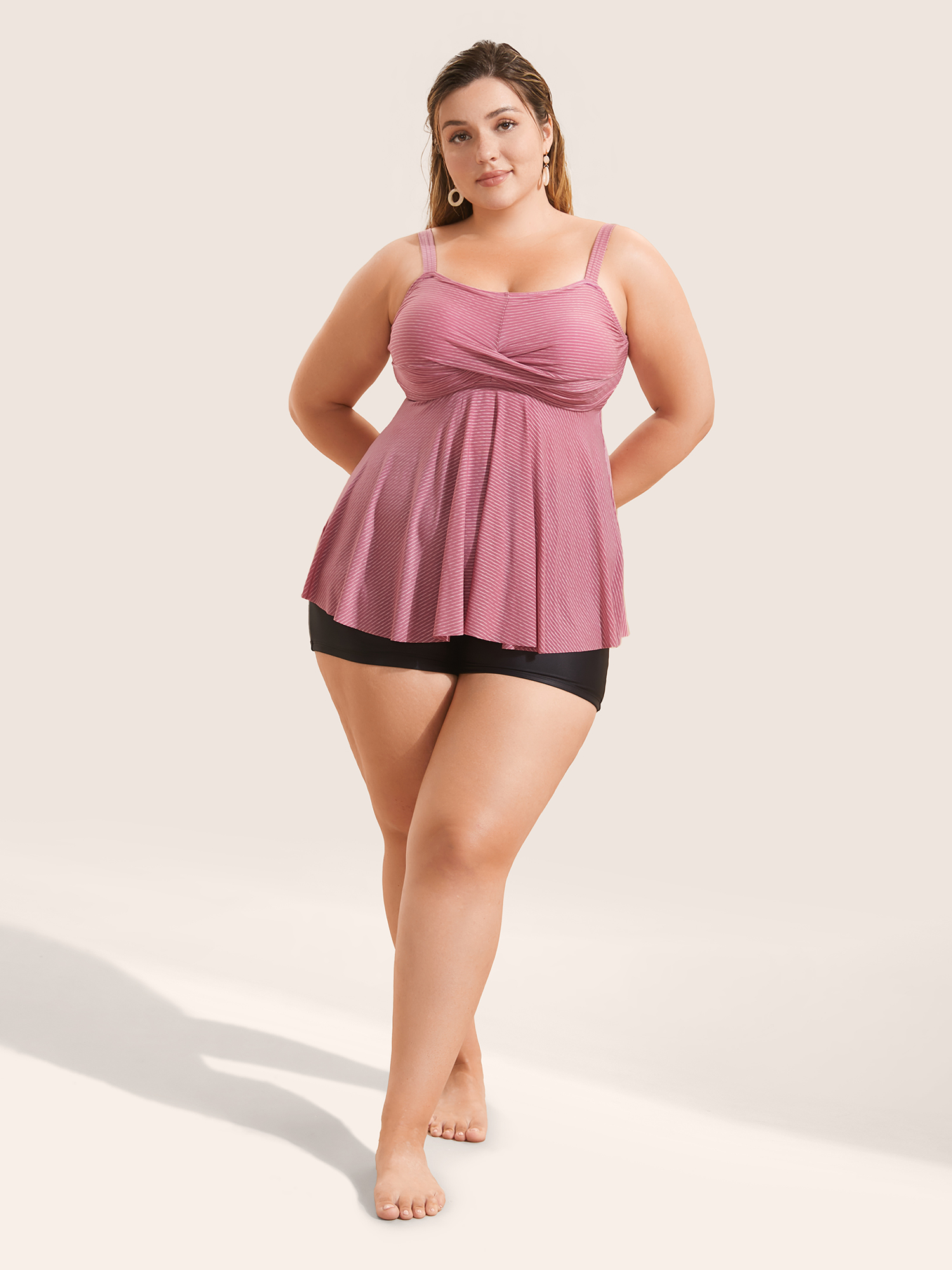 Plus Size Plain Twist Front Gathered Swim Top Women`s Swimwear DustyPink Beach Twist High stretch Bodycon Curve Swim Tops BloomChic 14-16/1X 
