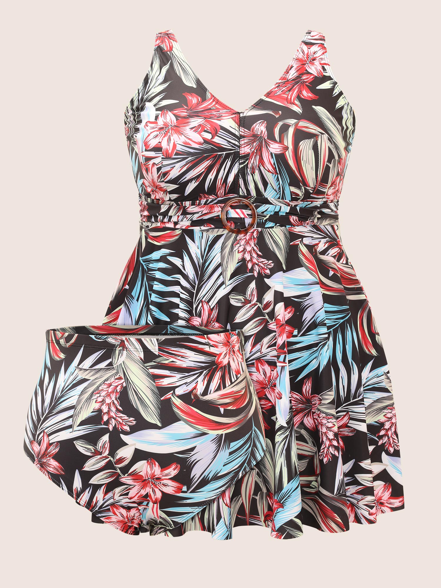 

Plus Size Tropical Print Buckle Detail Swim Dress Women's Swimwear BlackFlower Beach Bodycon High stretch Curve Swim Dresses BloomChic