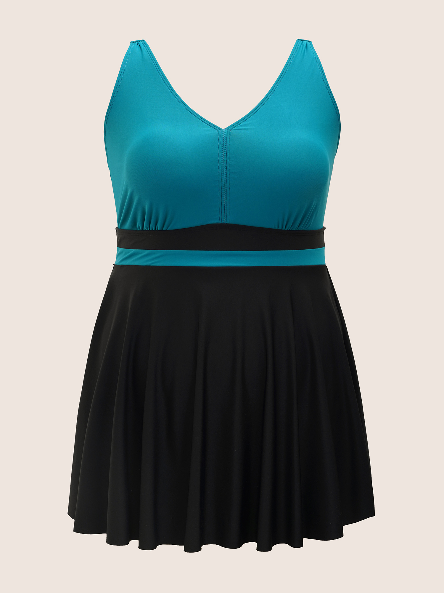 Plus Size V Neck Two Tone Patchwork Swim Dress Women`s Swimwear Emerald Beach Bodycon High stretch Curve Swim Dresses BloomChic 18-20/2X 