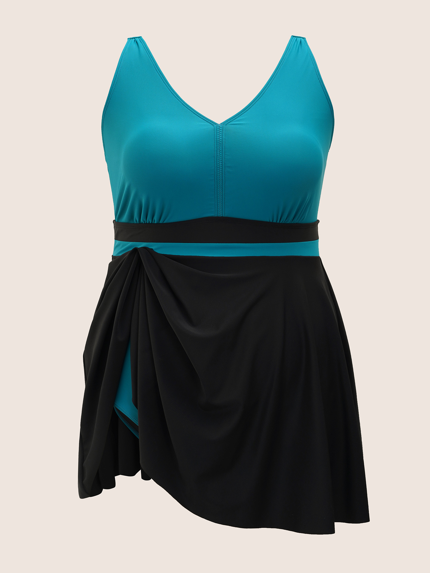 Plus Size V Neck Two Tone Patchwork Swim Dress Women`s Swimwear Emerald Beach Bodycon High stretch Curve Swim Dresses BloomChic 18-20/2X 