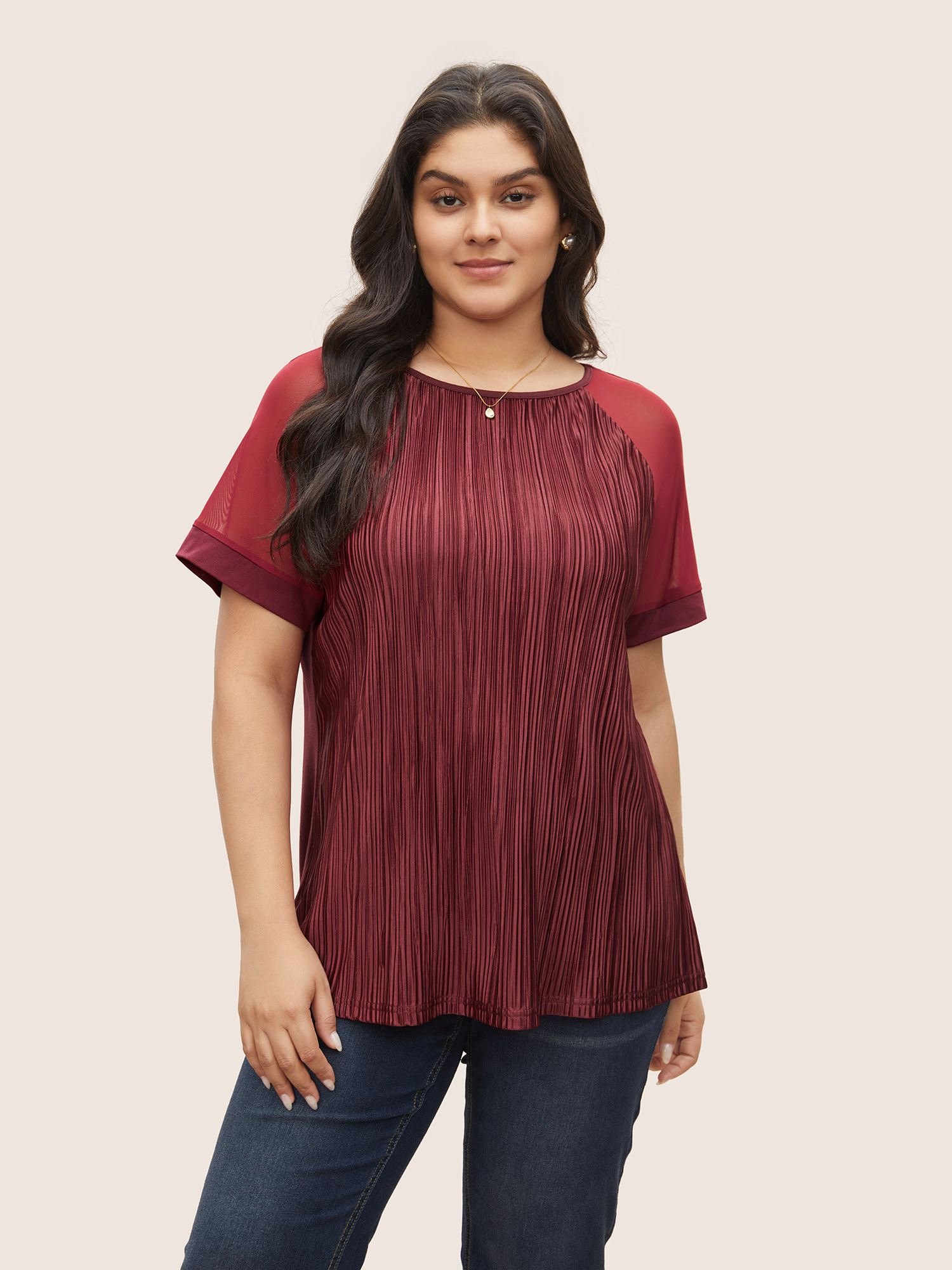 

Plus Size Plisse Raglan Sleeve Round Neck T-shirt Burgundy Women Elegant Texture Round Neck Everyday T-shirts BloomChic