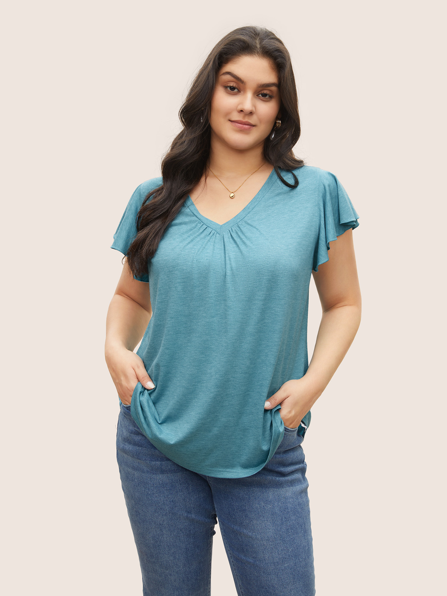 

Plus Size Solid Heather Gathered Ruffle Sleeve T-shirt Cerulean Women Elegant Non V-neck Everyday T-shirts BloomChic