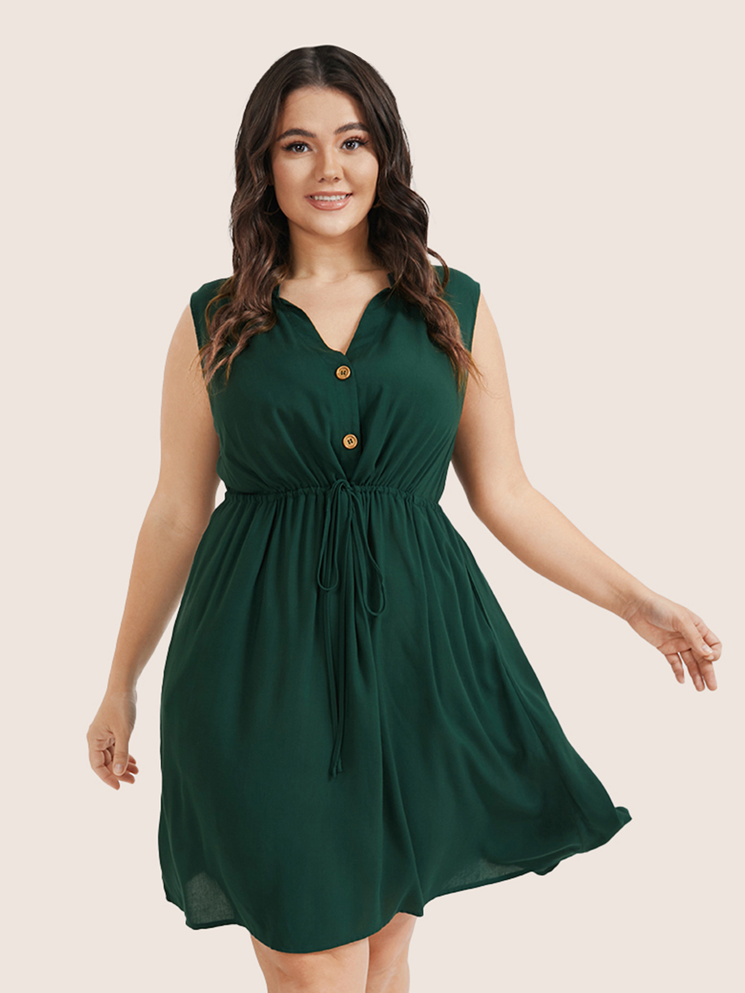 

Plus Size Plain Ties Front Button Pocket V Neck Dress DarkGreen Women Work From Home Button V-neck Sleeveless Curvy Knee Dress BloomChic