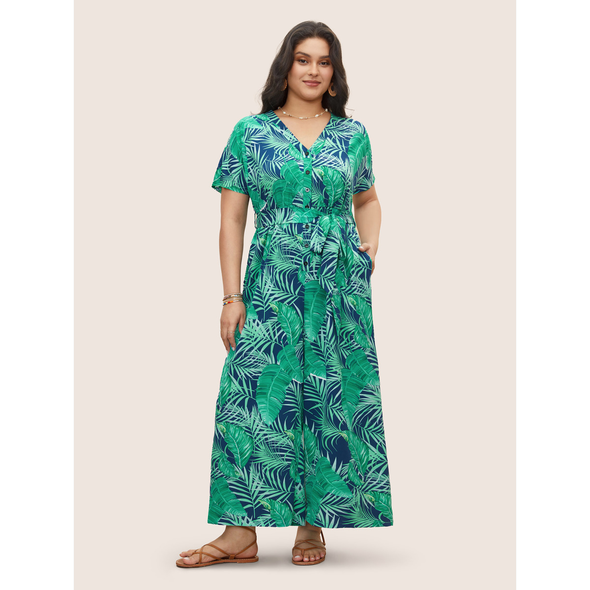 

Plus Size Indigo Tropical Print Button Up Belted Jumpsuit Women Resort Vacation Loose Jumpsuits BloomChic