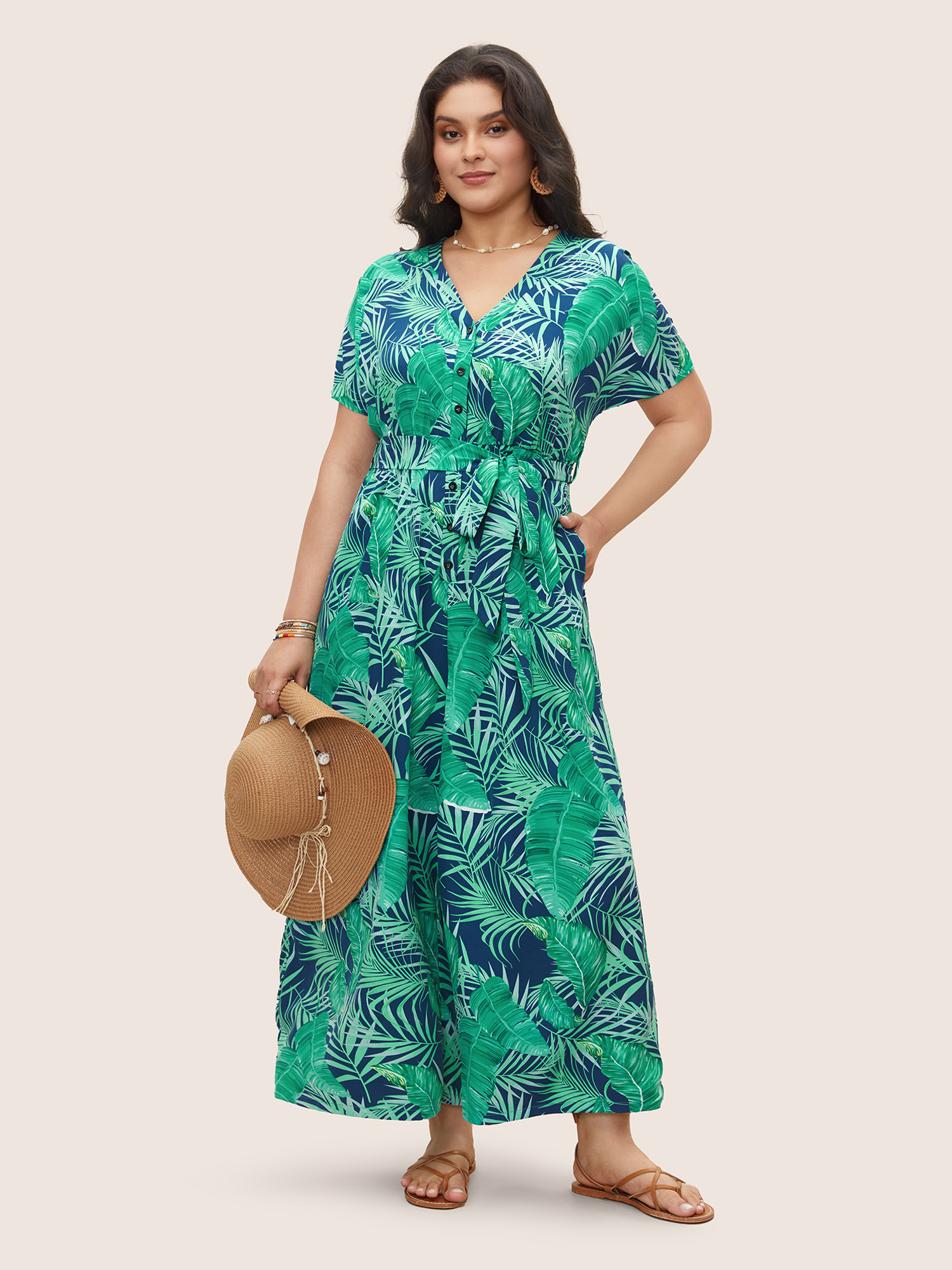 

Plus Size Indigo Tropical Print Button Up Belted Jumpsuit Women Resort Short sleeve V-neck Vacation Loose Jumpsuits BloomChic