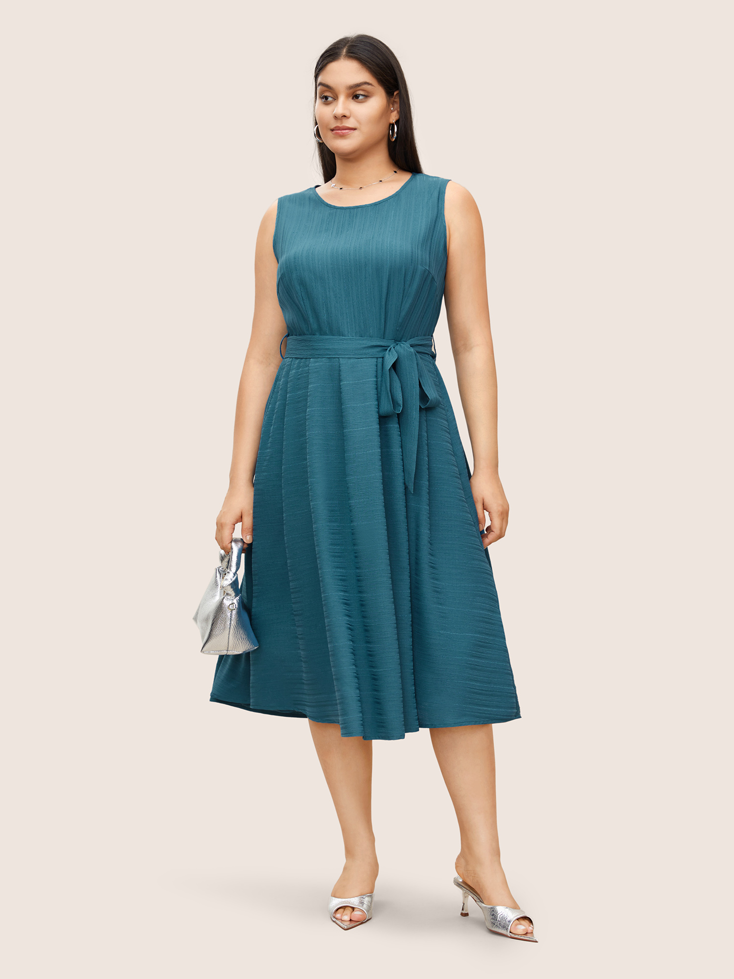 

Plus Size Solid Texture Round Neck Belted Tank Dress Cerulean Women At the Office Texture Round Neck Sleeveless Curvy Midi Dress BloomChic