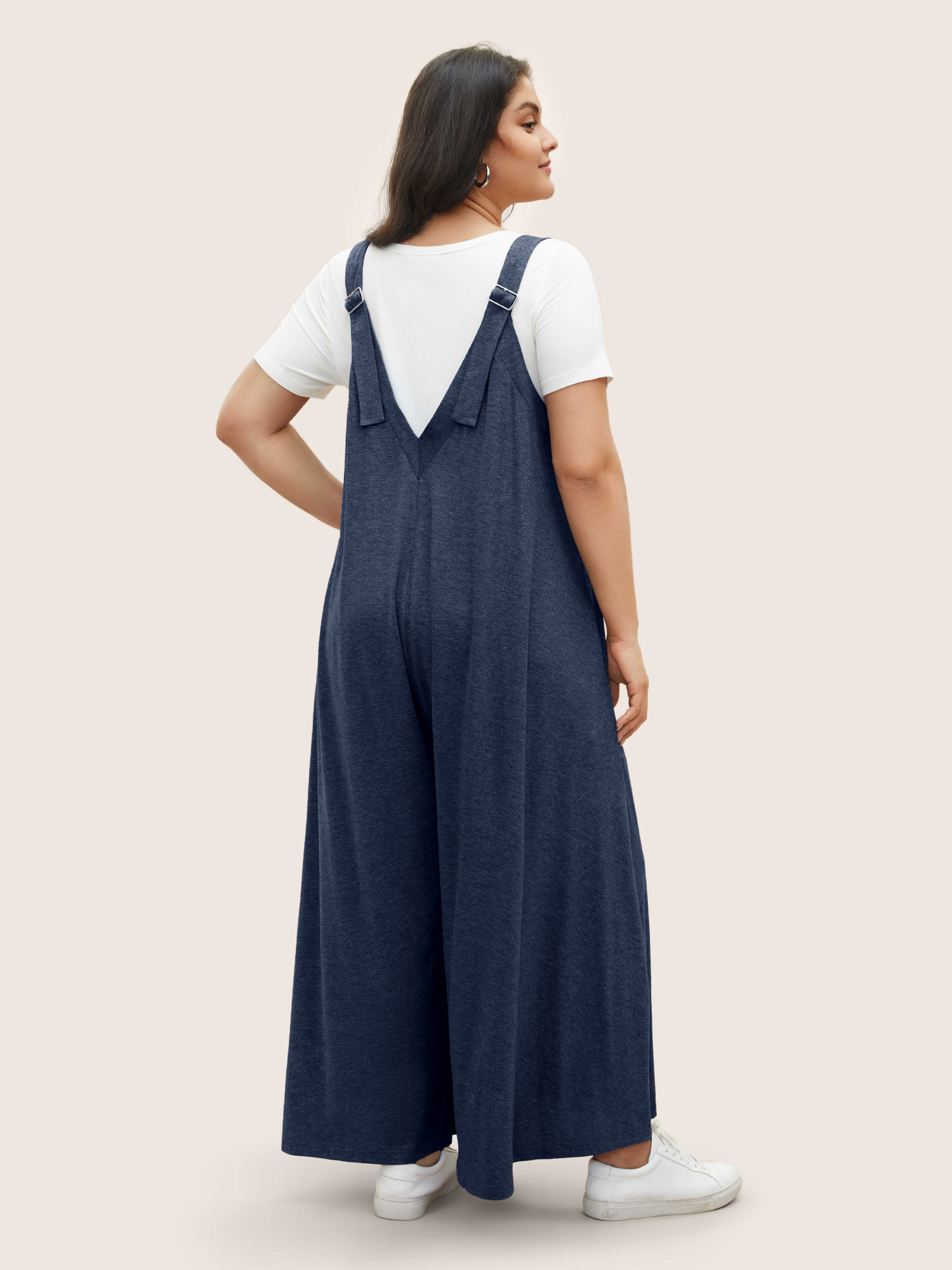 Plus Size Navy Supersoft Essentials Solid Pocket Adjustable Straps Jumpsuit Women Casual Sleeveless Non Everyday Loose Jumpsuits BloomChic 28/5X 