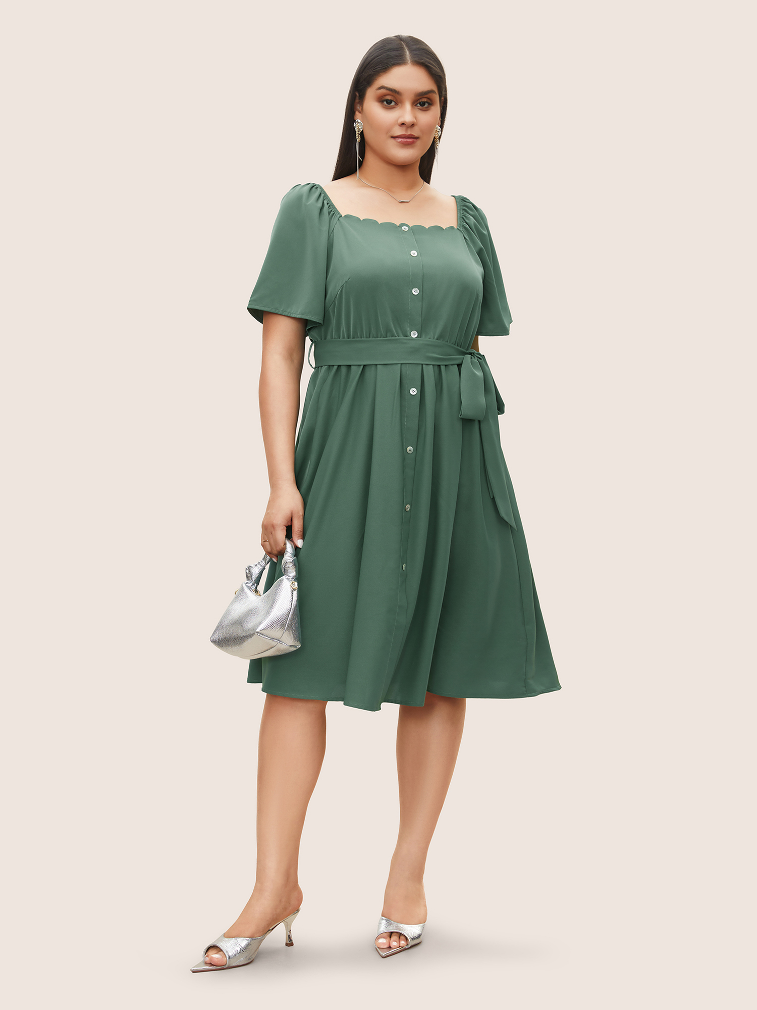 

Plus Size Anti-Wrinkle Square Neck Scalloped Trim Ruffle Sleeve Dress Cyan Women At the Office Belted Square Neck Short sleeve Curvy Midi Dress BloomChic