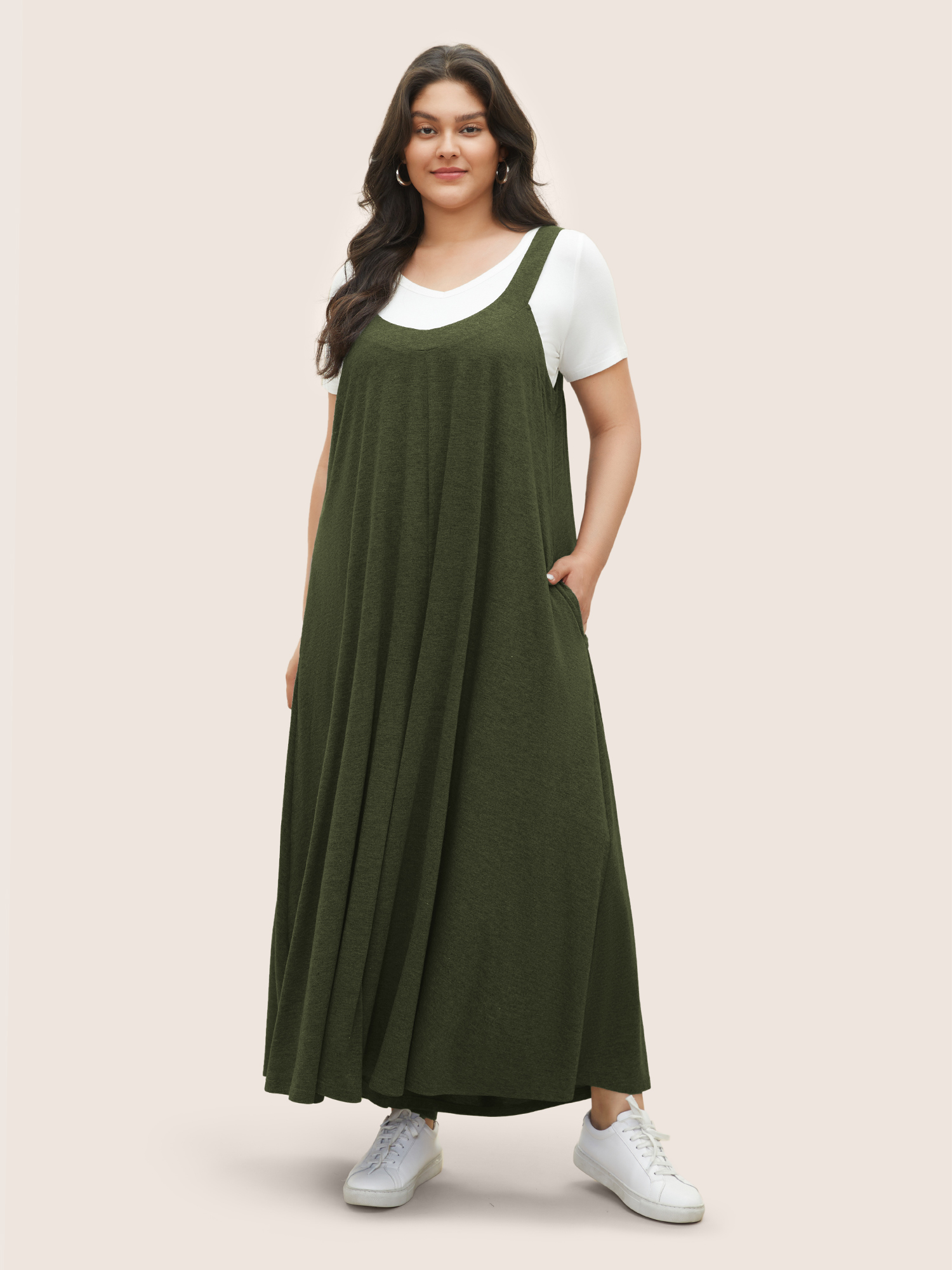 Plus Size ArmyGreen Supersoft Essentials Solid Pocket Adjustable Straps Jumpsuit Women Casual Sleeveless Non Everyday Loose Jumpsuits BloomChic 30/6X 