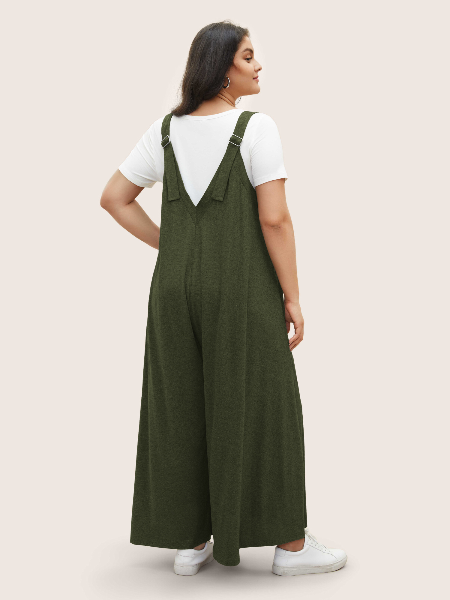 Plus Size ArmyGreen Supersoft Essentials Solid Pocket Adjustable Straps Jumpsuit Women Casual Sleeveless Non Everyday Loose Jumpsuits BloomChic 30/6X 