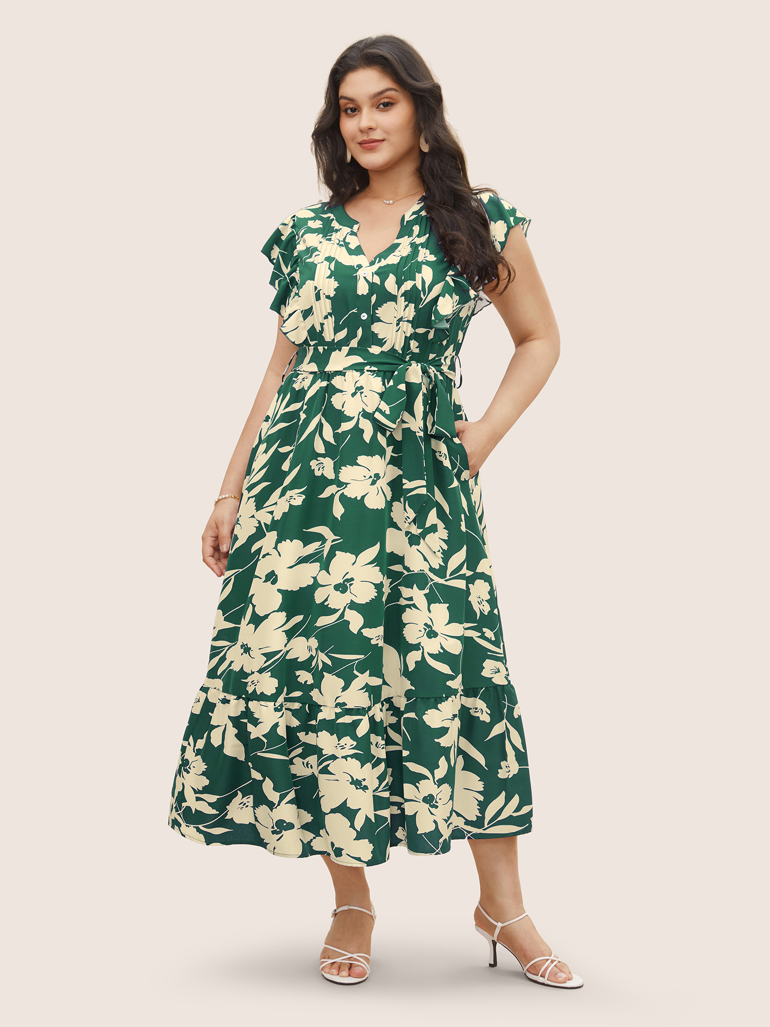 

Plus Size Silhouette Floral Print Ruffle Cap Sleeve Dress Emerald Women Belted Notched collar Cap Sleeve Curvy Midi Dress BloomChic
