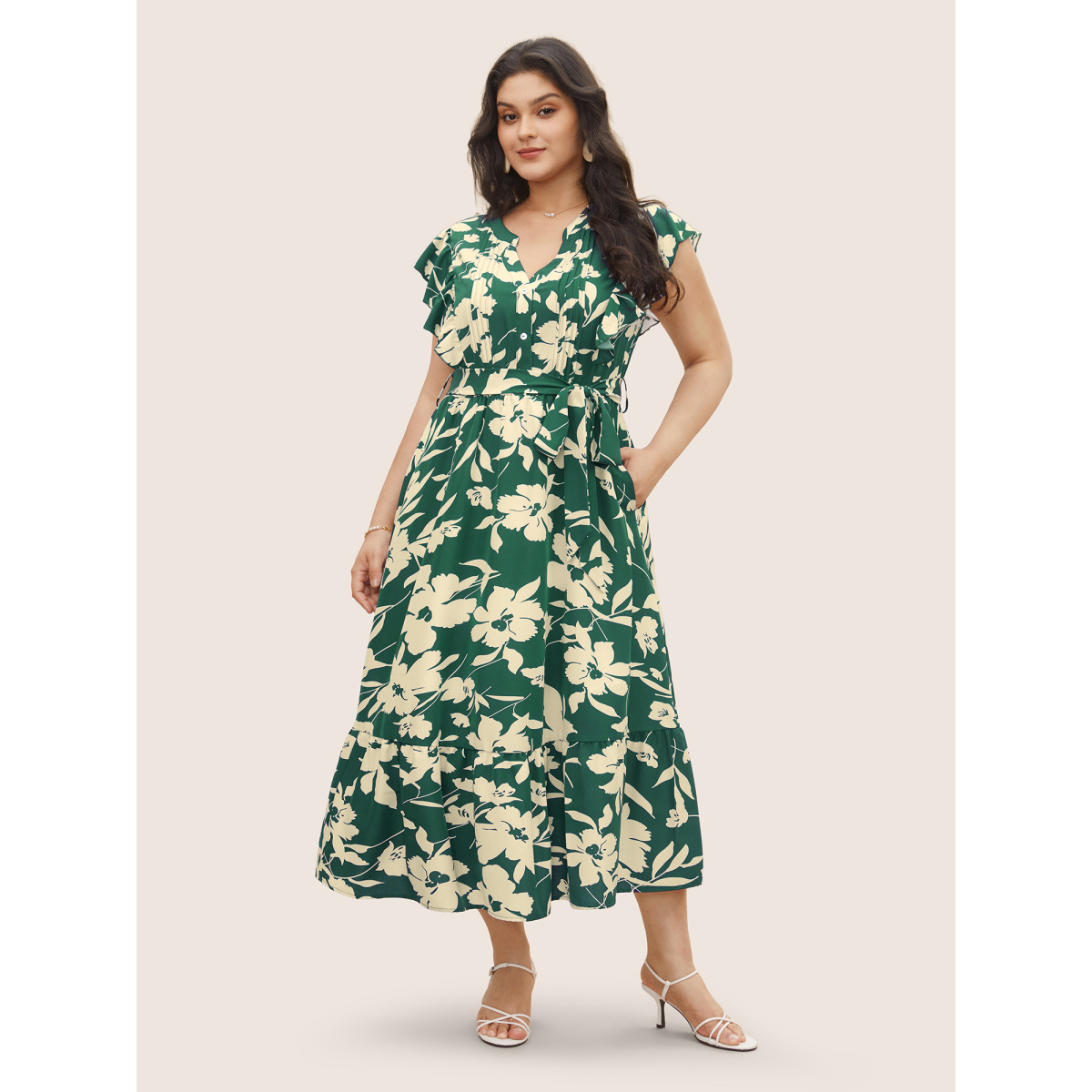 

Plus Size Silhouette Floral Print Ruffle Cap Sleeve Dress Emerald Women Belted Notched collar Cap Sleeve Curvy Midi Dress BloomChic