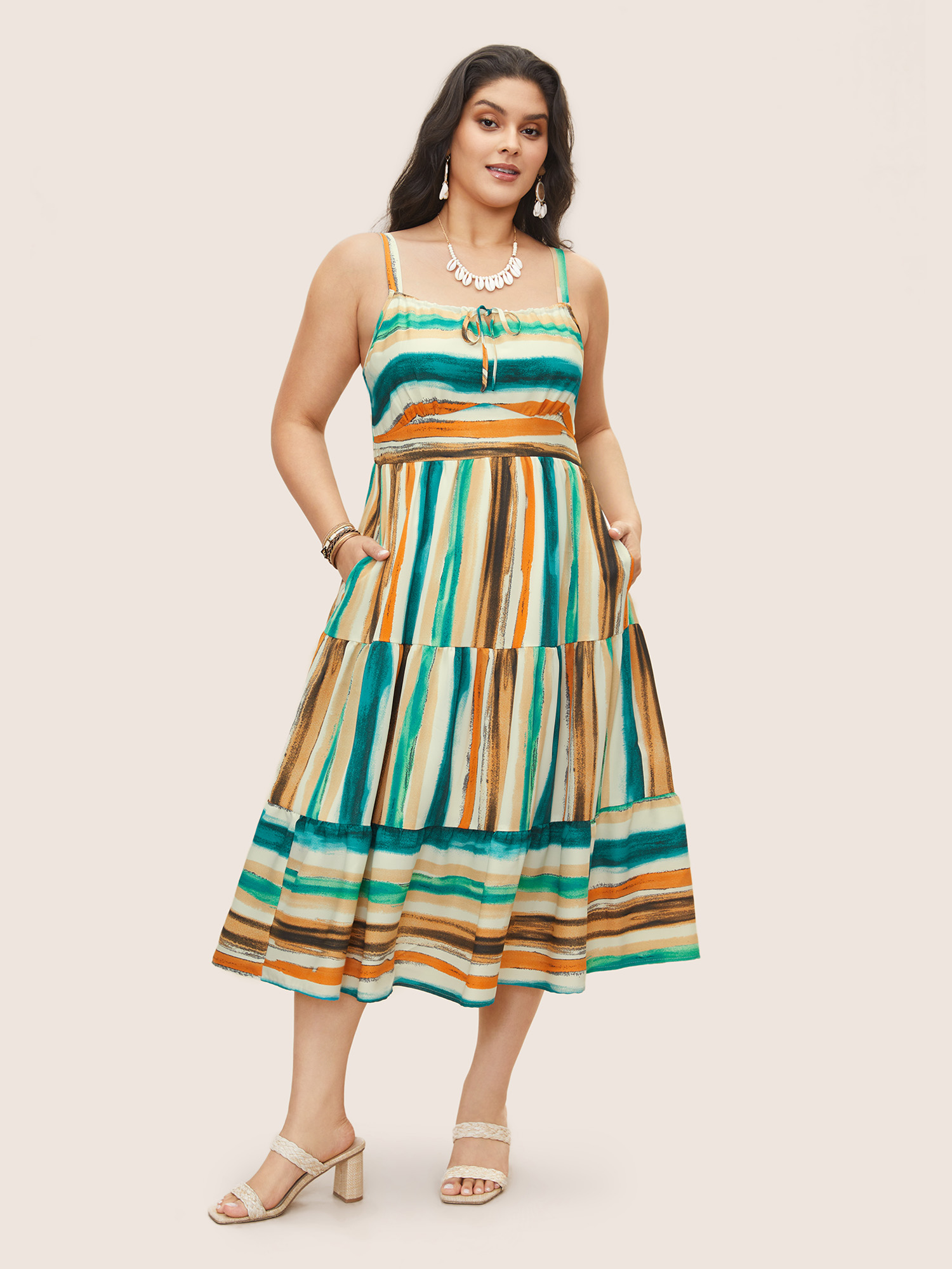 

Plus Size Colored Stripes Drawstring Patchwork Hem Cami Dress Emerald Women Resort Patchwork Non Sleeveless Curvy Midi Dress BloomChic