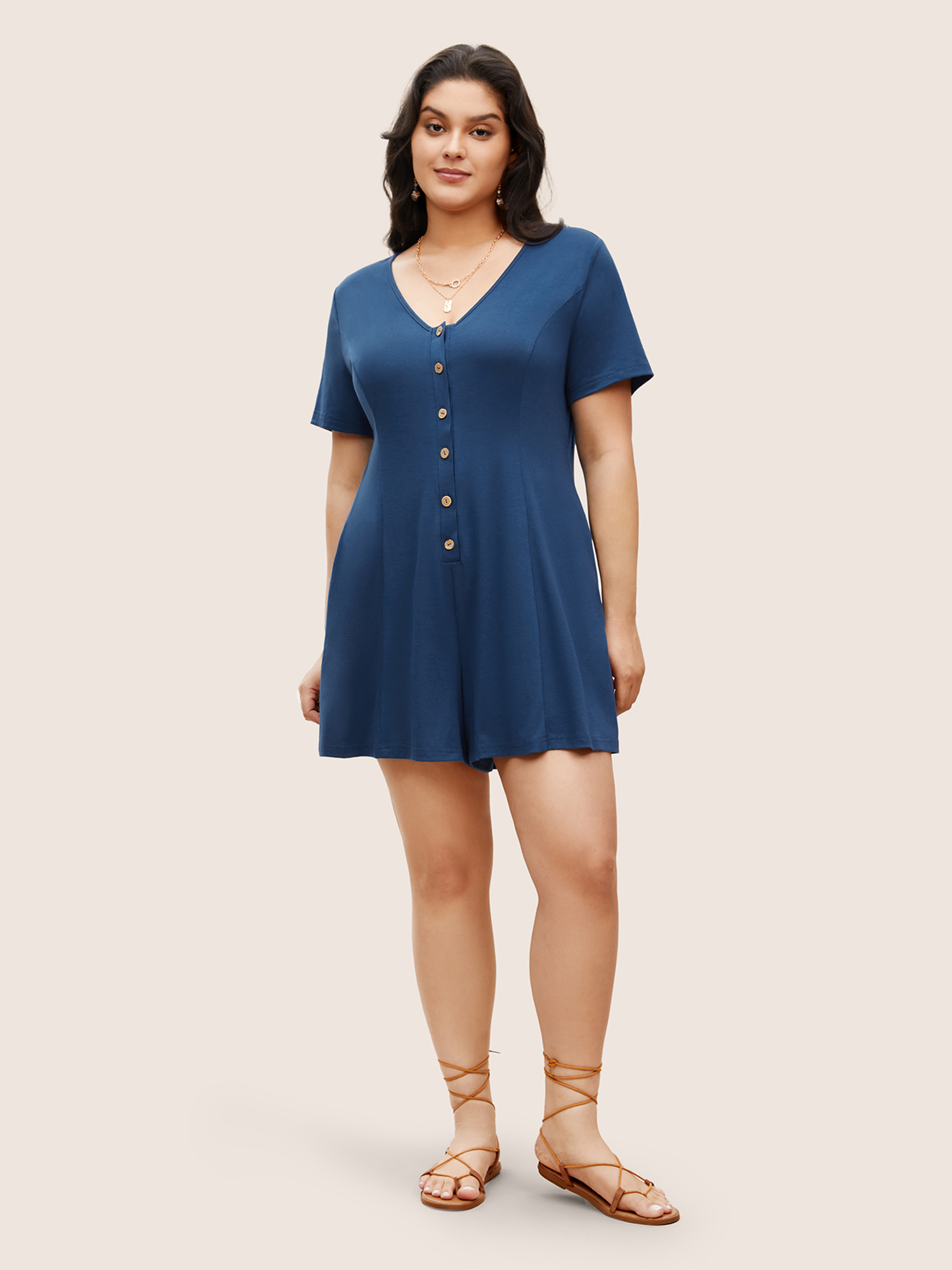 

Plus Size Supersoft Essentials Solid Button Up Pocket Romper Aegean Side seam pocket Casual Everyday  Rompers Bloomchic