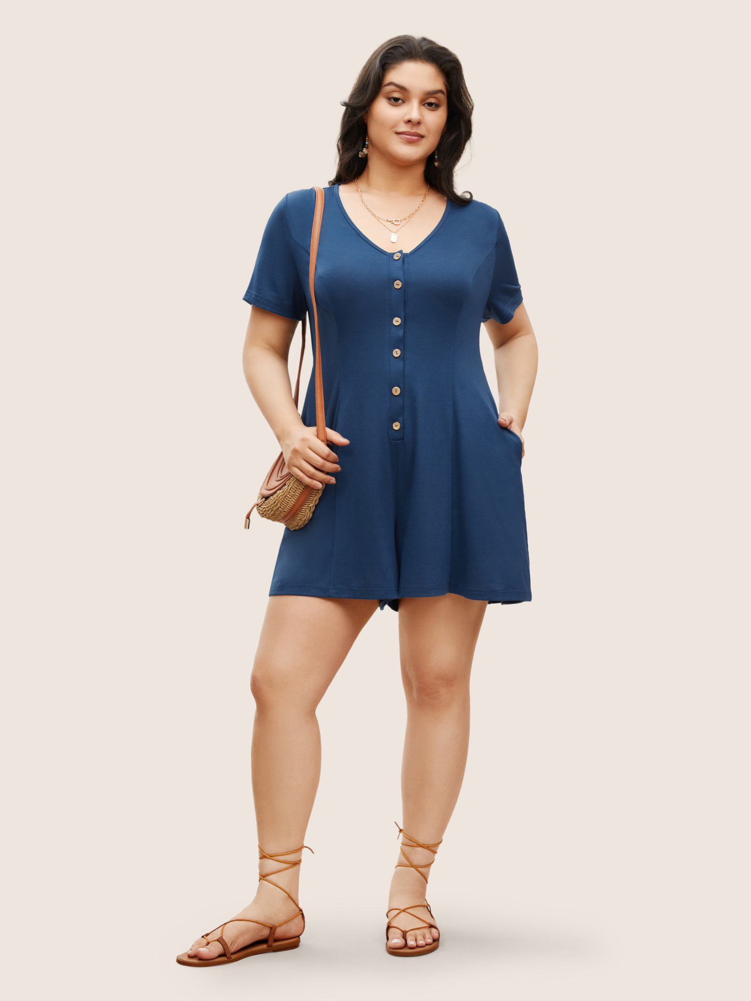 

Plus Size Supersoft Essentials Solid Button Up Pocket Romper Aegean Side seam pocket Casual Everyday  Rompers Bloomchic