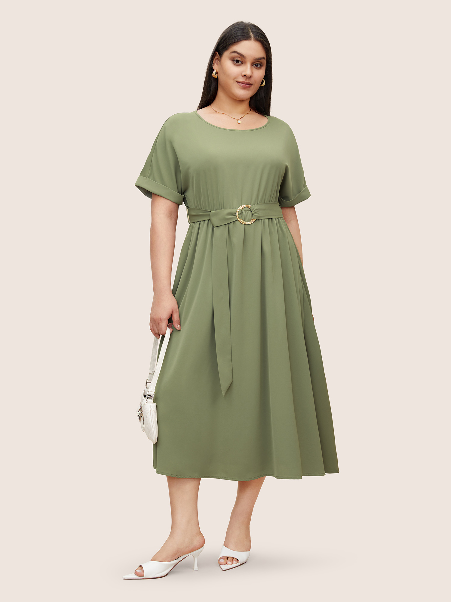 

Plus Size Anti-Wrinkle Solid Buckle Detail Batwing Sleeve Dress Sage Women Belted Curvy Midi Dress BloomChic