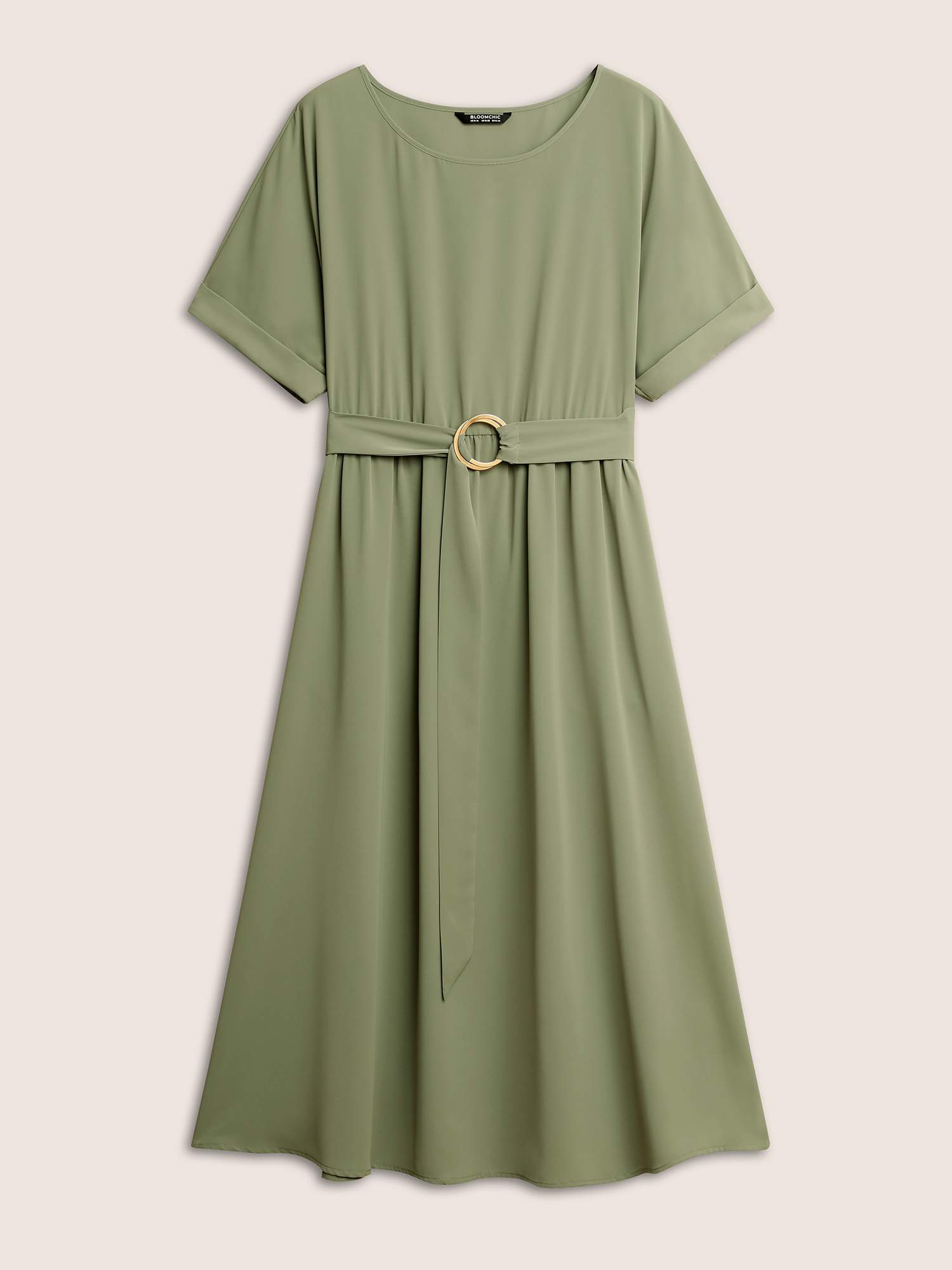 

Plus Size Anti-Wrinkle Solid Buckle Detail Batwing Sleeve Dress Sage Women Belted Curvy Midi Dress BloomChic